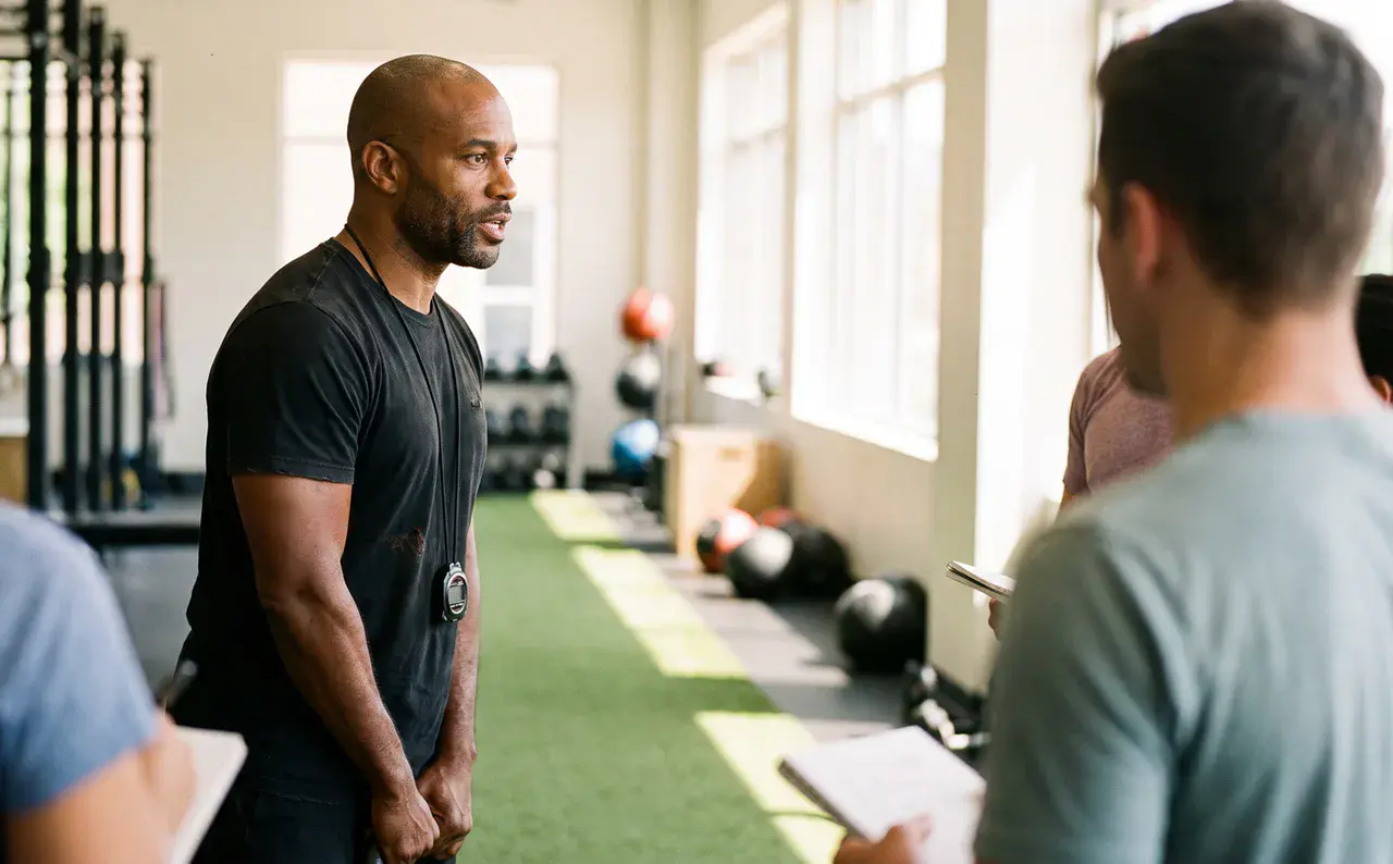Coach mentor teaching a workshop to a group of personal trainers