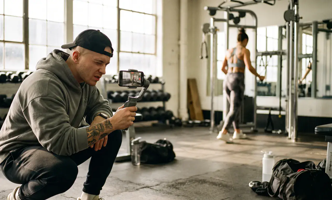 Fitness marketing agency founder filming a personal trainer's content in a gym