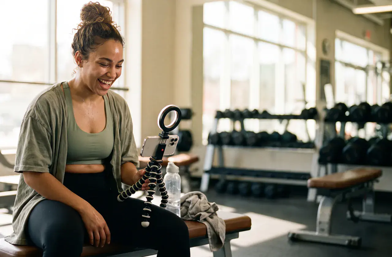 Fitness creator recording a vlog on her phone after training