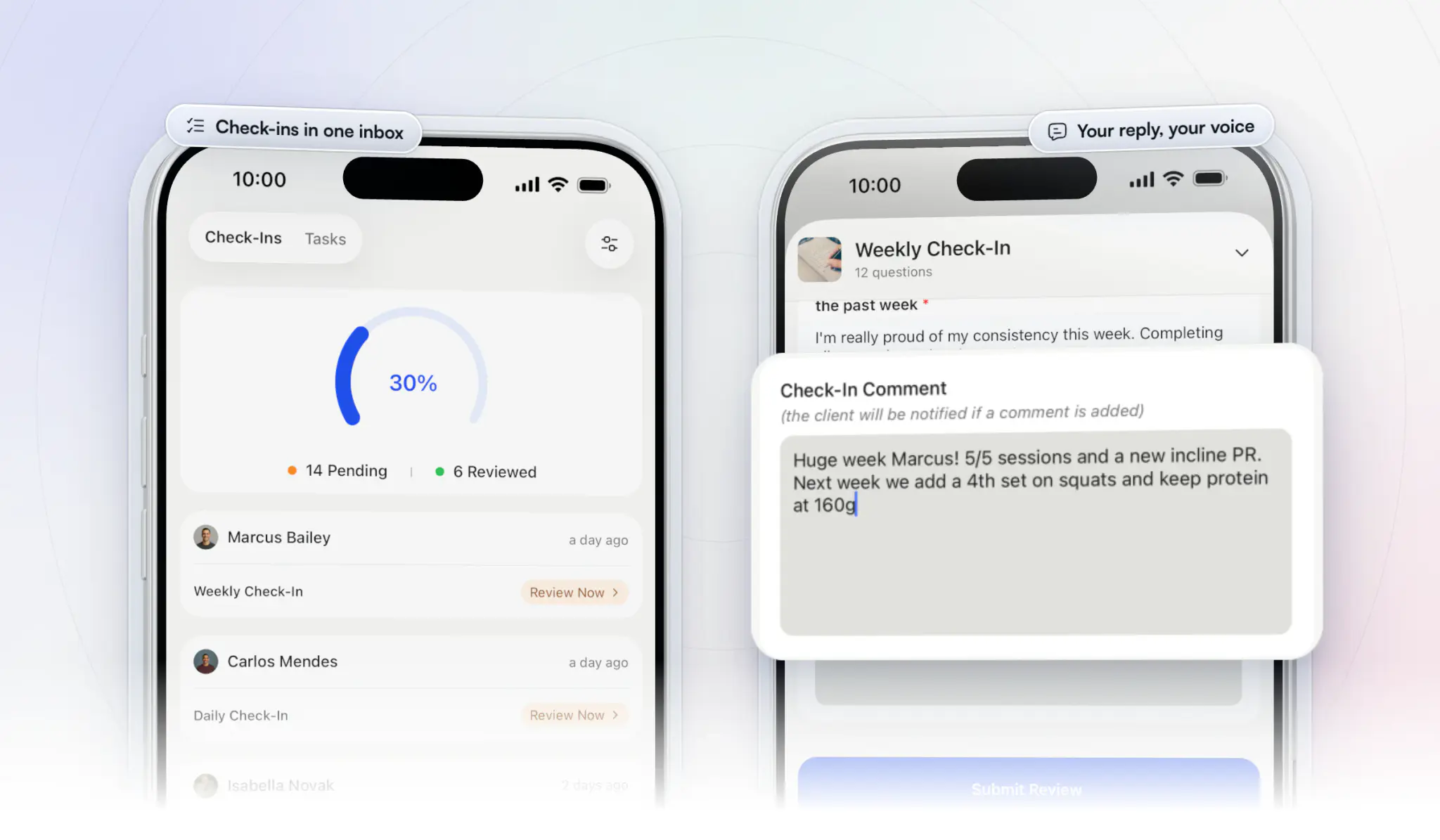 Check-ins in the coach app: the review inbox with 14 pending and 6 reviewed and a Review Now link on each client's weekly or daily check-in, beside a weekly check-in where the coach's comment praises 5 of 5 sessions and a new incline PR and adds a fourth set on squats for next week