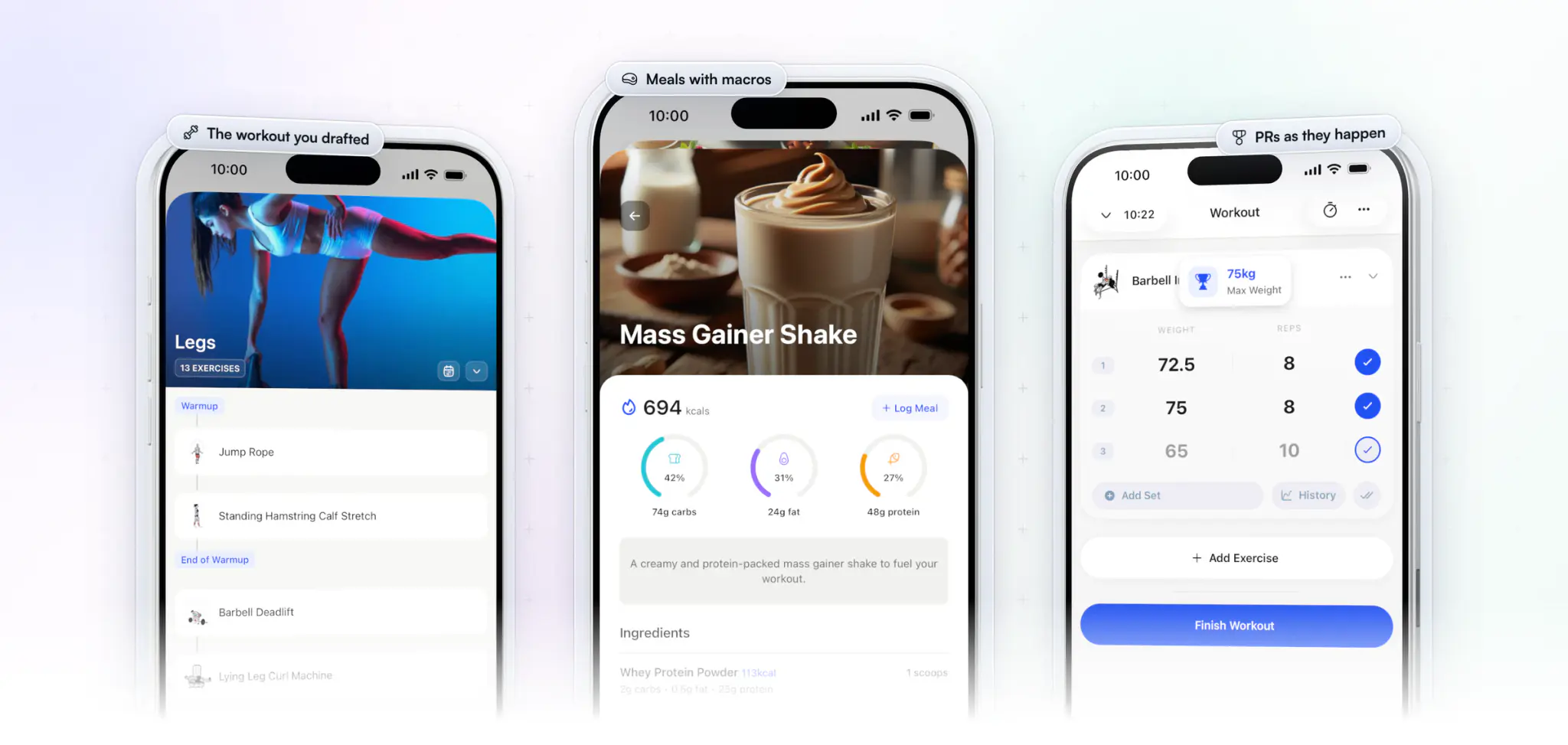 Three screens from the client's app: a 13-exercise Legs workout ready to start, a Mass Gainer Shake recipe with its calories, macros and ingredients, and a new 75 kg max-weight personal record flagged mid-workout