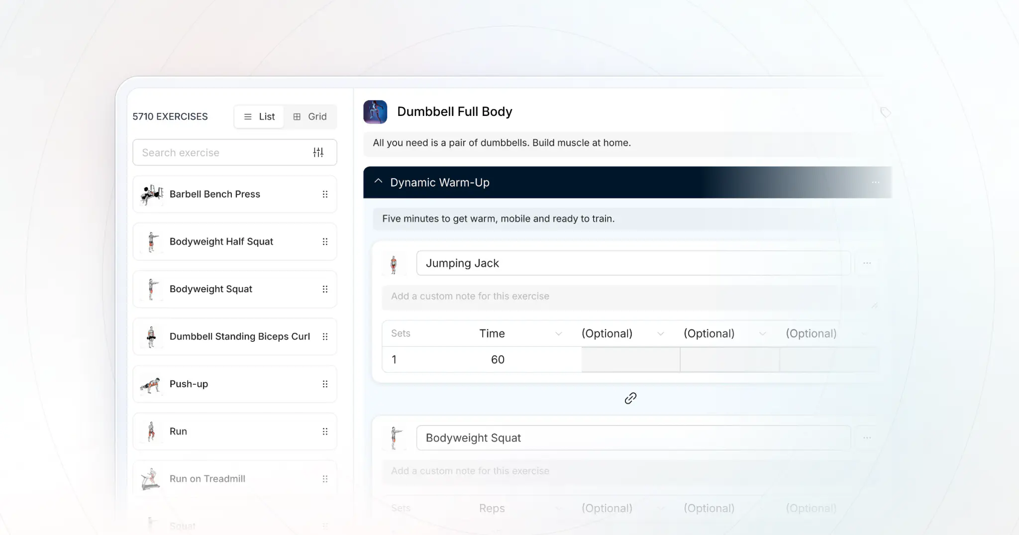 HubFit's workout builder on the web: a workout's exercises with sets and reps