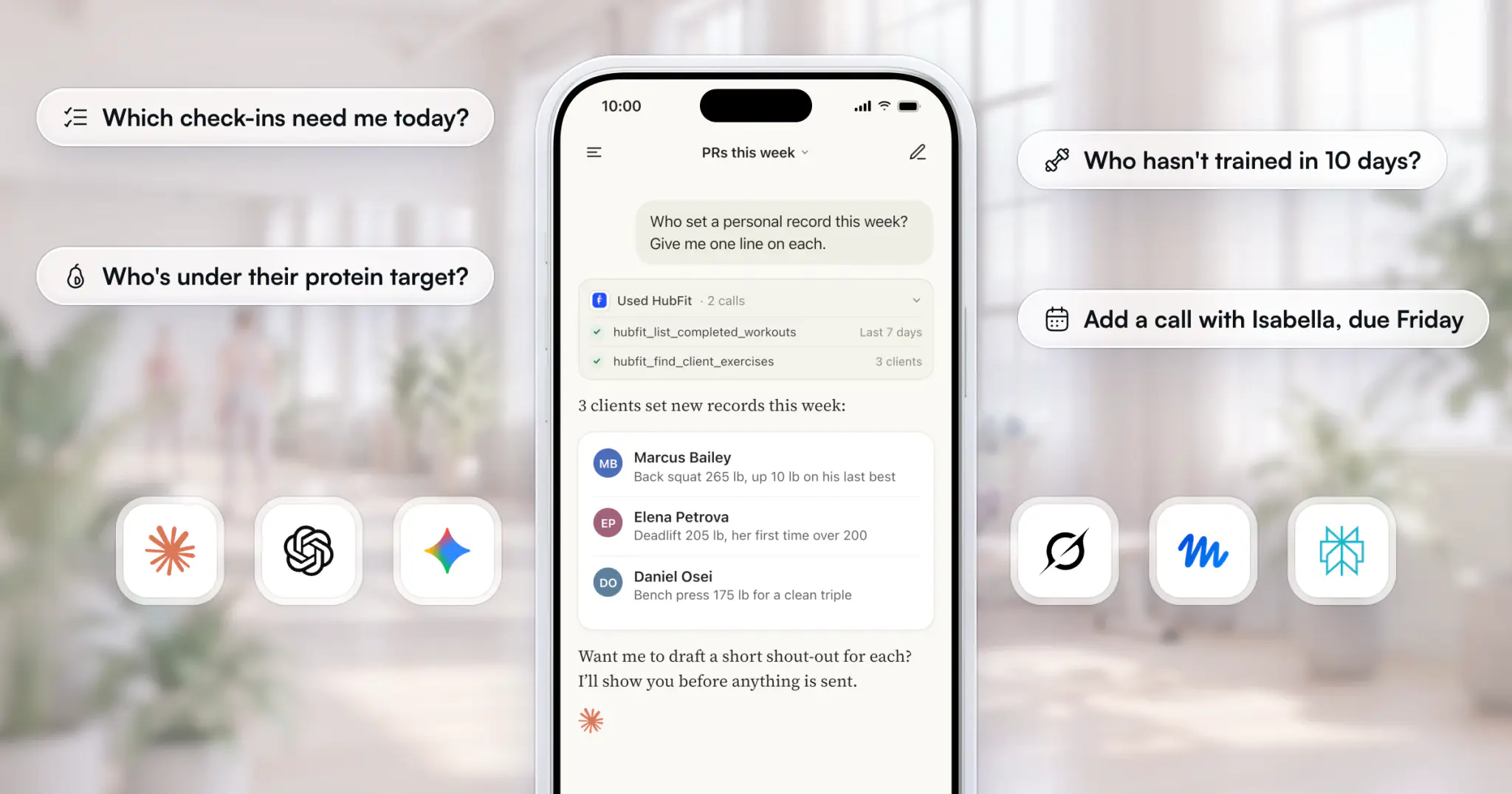 Claude on an iPhone answering "Who set a personal record this week?" with three clients' new lifts, in a bright gym, with coaching prompts as glass chips and the Claude, ChatGPT, Gemini, Grok, Muse and Perplexity marks on either side