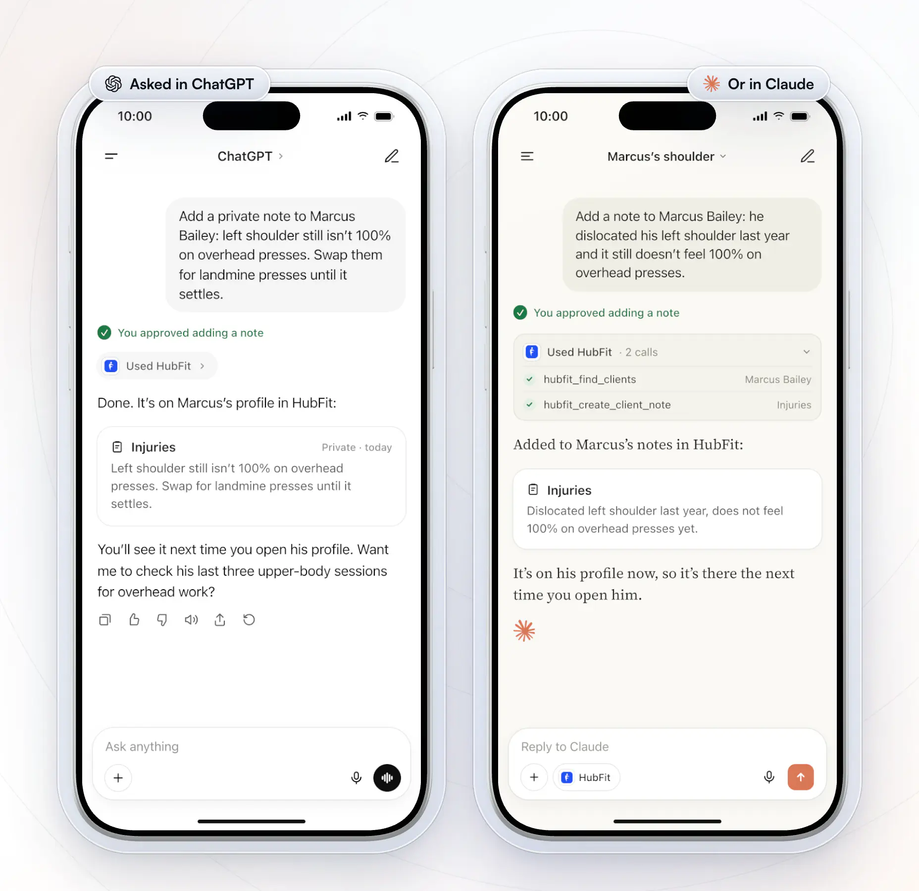 The same note added two ways: ChatGPT adding a private Injuries note to Marcus Bailey's HubFit profile after the coach approved it, and Claude doing the same from a dictated request