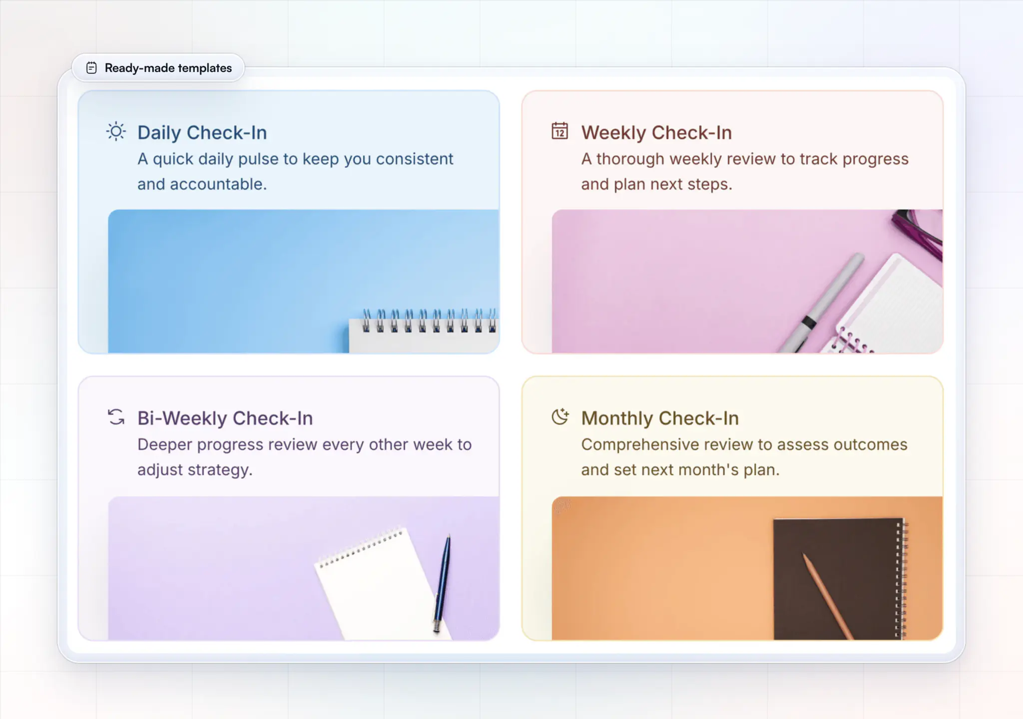 HubFit's four ready-made check-in templates, from a short daily form to a longer monthly review, each a starting form you edit before you assign it