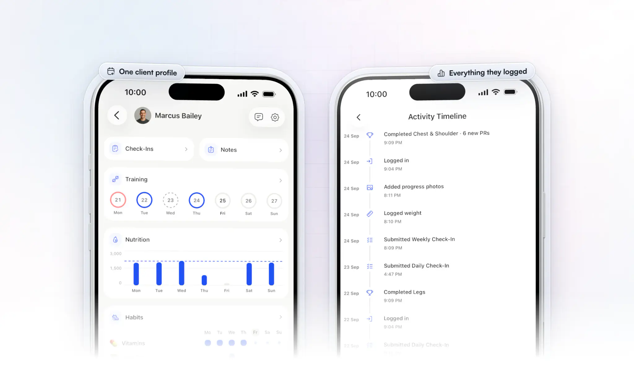 The coach app on two iPhones: a client's profile with their check-ins, notes, this week's training, nutrition and habits, beside their activity timeline of a chest and shoulder session with 6 new PRs, a weight logged and their weekly and daily check-ins submitted
