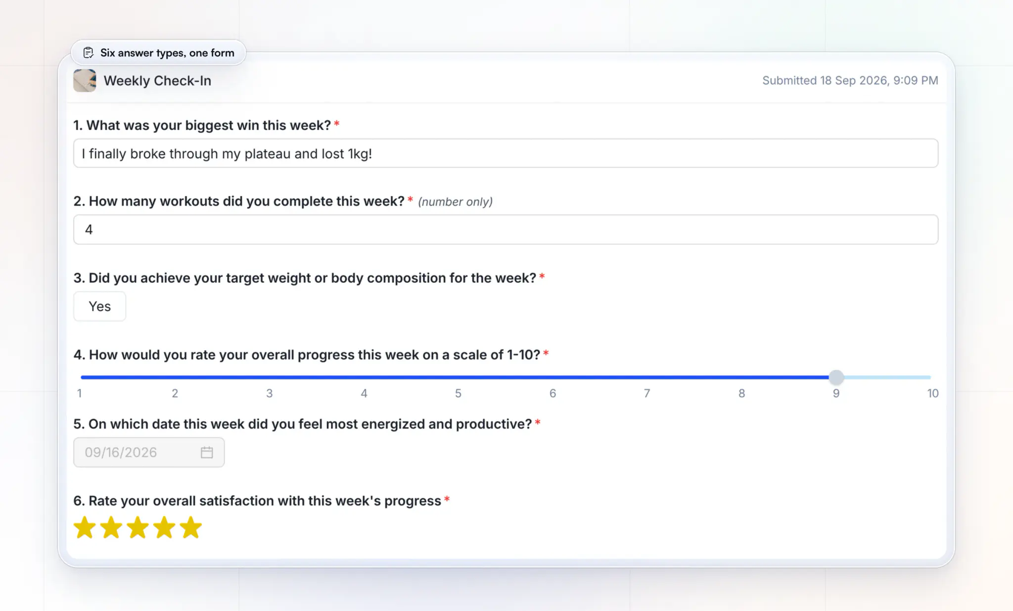 A client's weekly check-in as the coach reviews it: a text answer about breaking through a plateau, 4 workouts, yes to the weekly target, 9 out of 10 for progress, a date, and five stars for satisfaction
