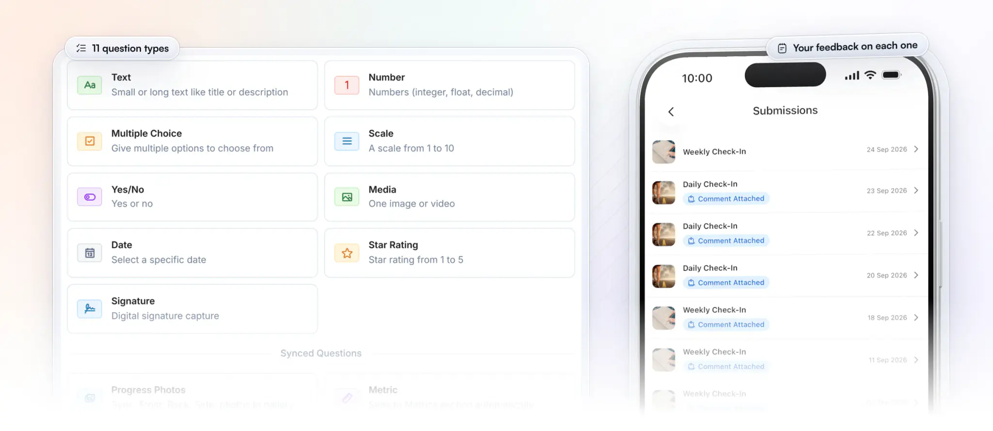 HubFit's Add Question window with its answer types: text, number, multiple choice, scale 1 to 10, yes/no, media, date, star rating, signature, and progress photos and metrics that sync on their own, beside the client's iPhone listing their submitted check-ins, each with the coach's comment attached
