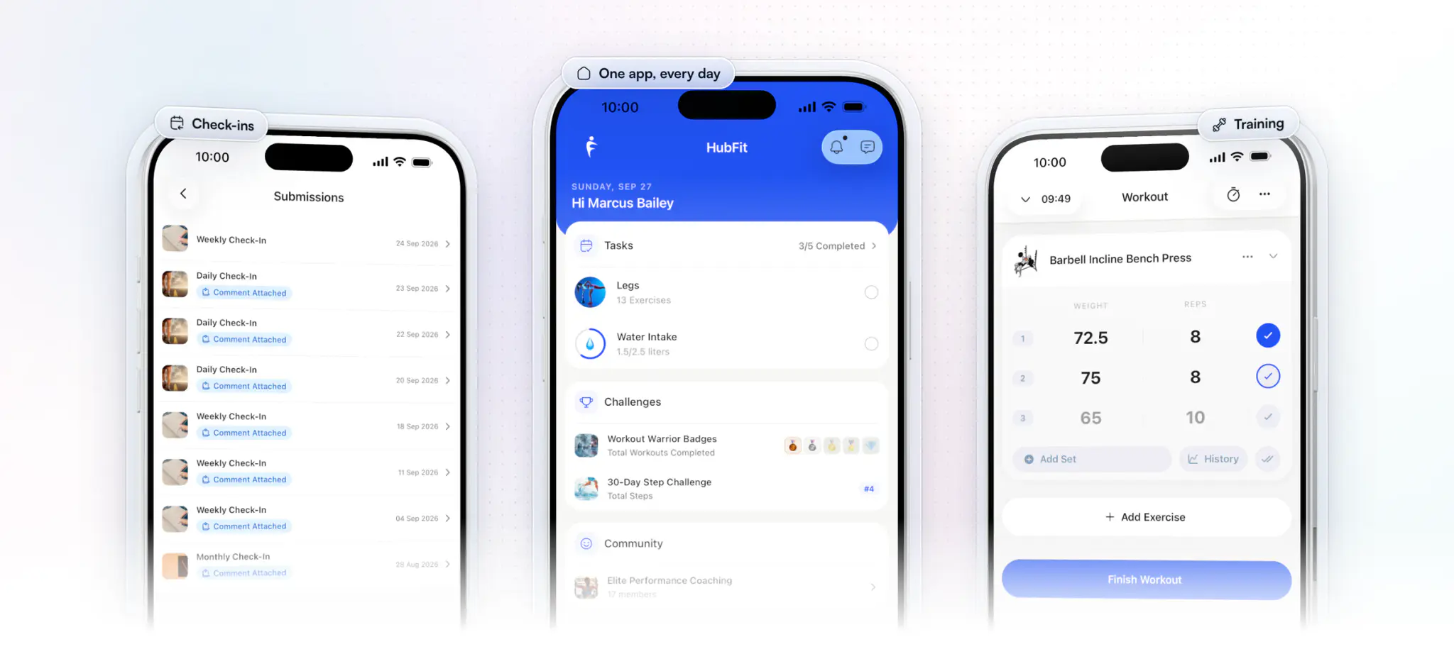Three HubFit client app screens on iPhone: the client's submitted check-ins with the coach's comments attached, the home screen with today's tasks, challenges and community, and a workout being logged set by set