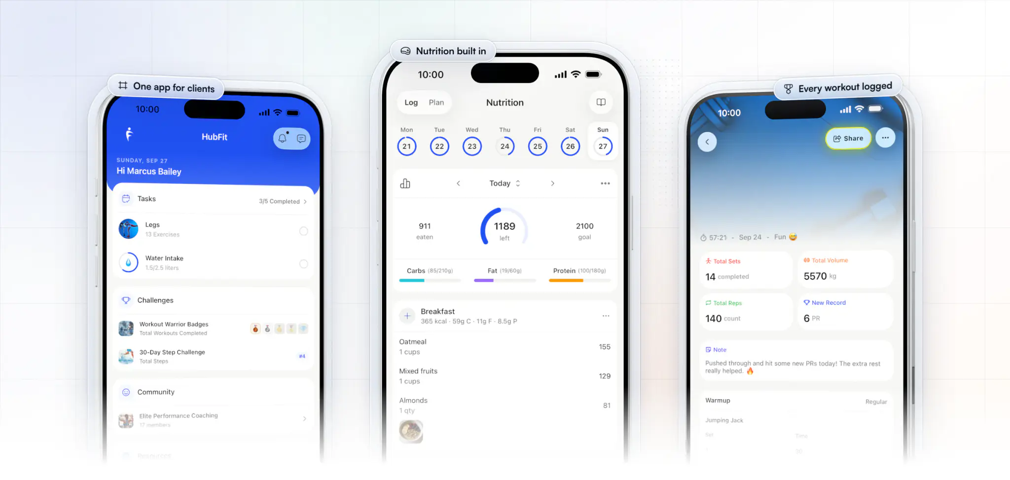 Three screens from the HubFit client app: the home screen with today's workout, challenges and community, the nutrition log with calories and macros, and a completed workout with its sets, volume, reps and new records