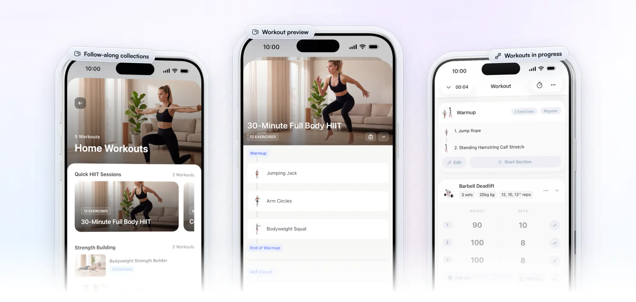 Three screens from the HubFit client app: a Home Workouts collection, the preview of its 30-Minute Full Body HIIT workout with the exercises and Start Workout, and a workout in progress
