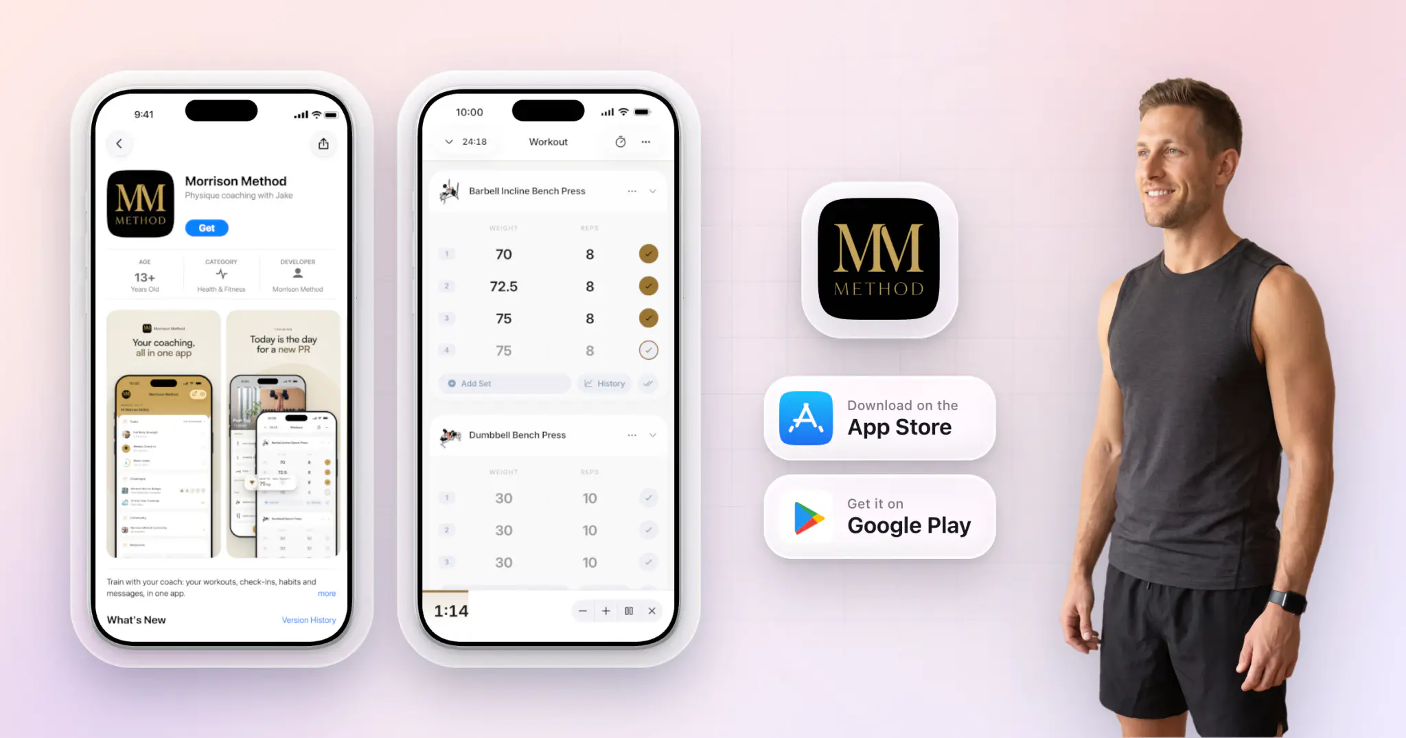 Two iPhones side by side for an example coach's own app, Morrison Method: its App Store page and a workout with a new personal record, with App Store and Google Play badges and the coach standing beside them.