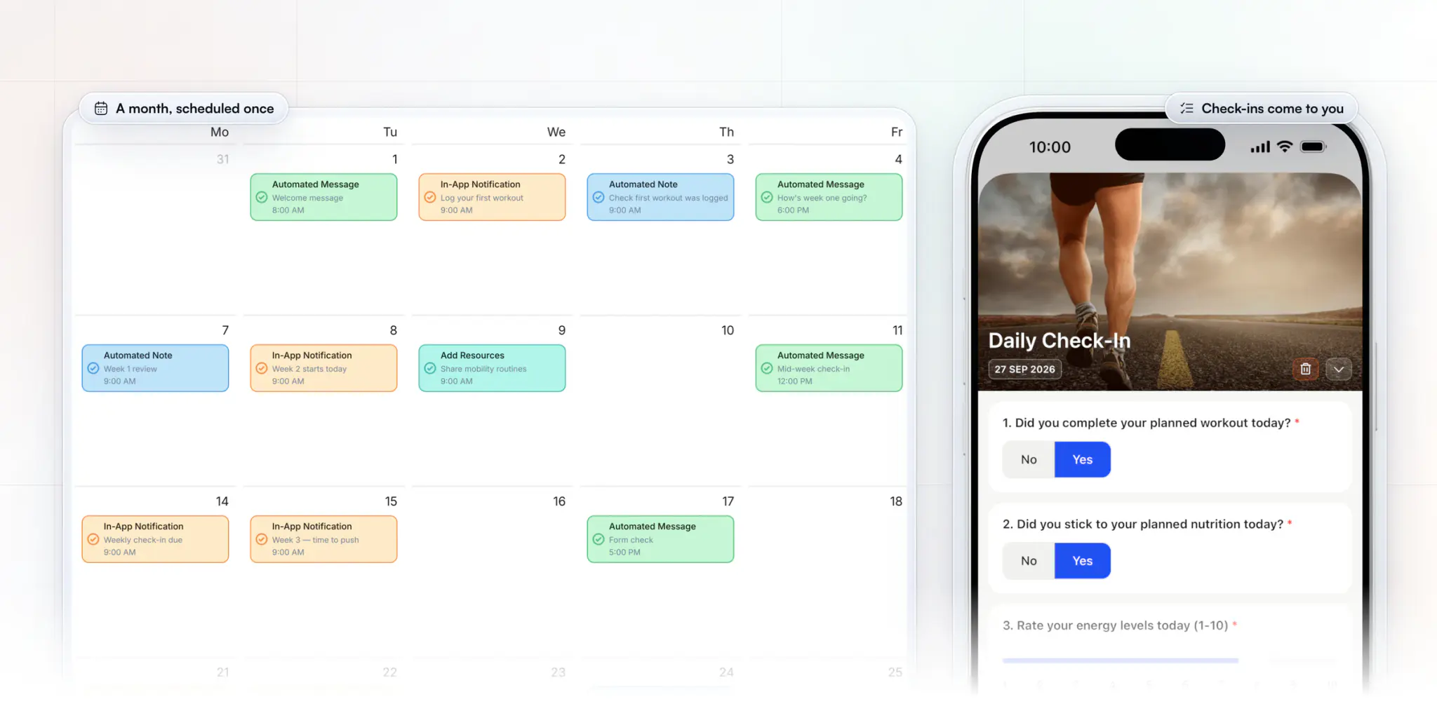 A client's AutoFlow calendar in HubFit's web app, with a welcome message, a log-your-first-workout notification, a note, resources and the week 2 start scheduled across September, beside the client's daily check-in on their phone with workout and nutrition answered and an energy score