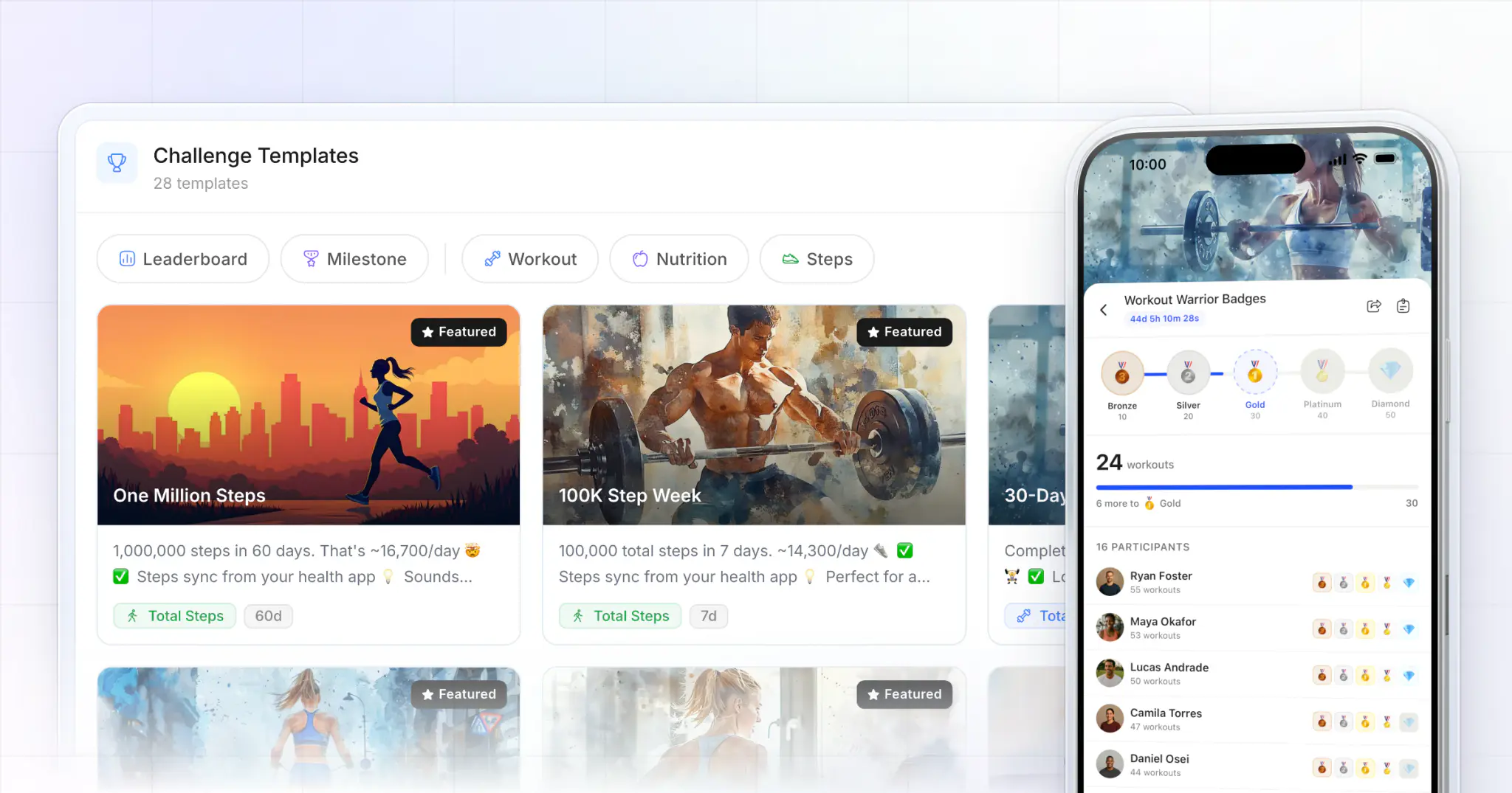HubFit's challenge templates on the web, One Million Steps and 100K Step Week among them, beside an iPhone with a client's milestone challenge, Workout Warrior Badges, on 24 workouts with Gold next