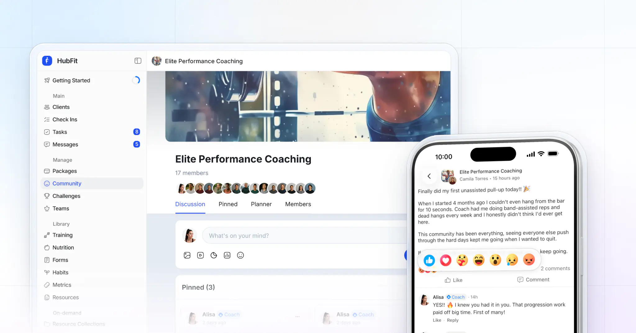 A community discussion in HubFit on the web beside an iPhone showing a member's post with the reaction picker open in the client app