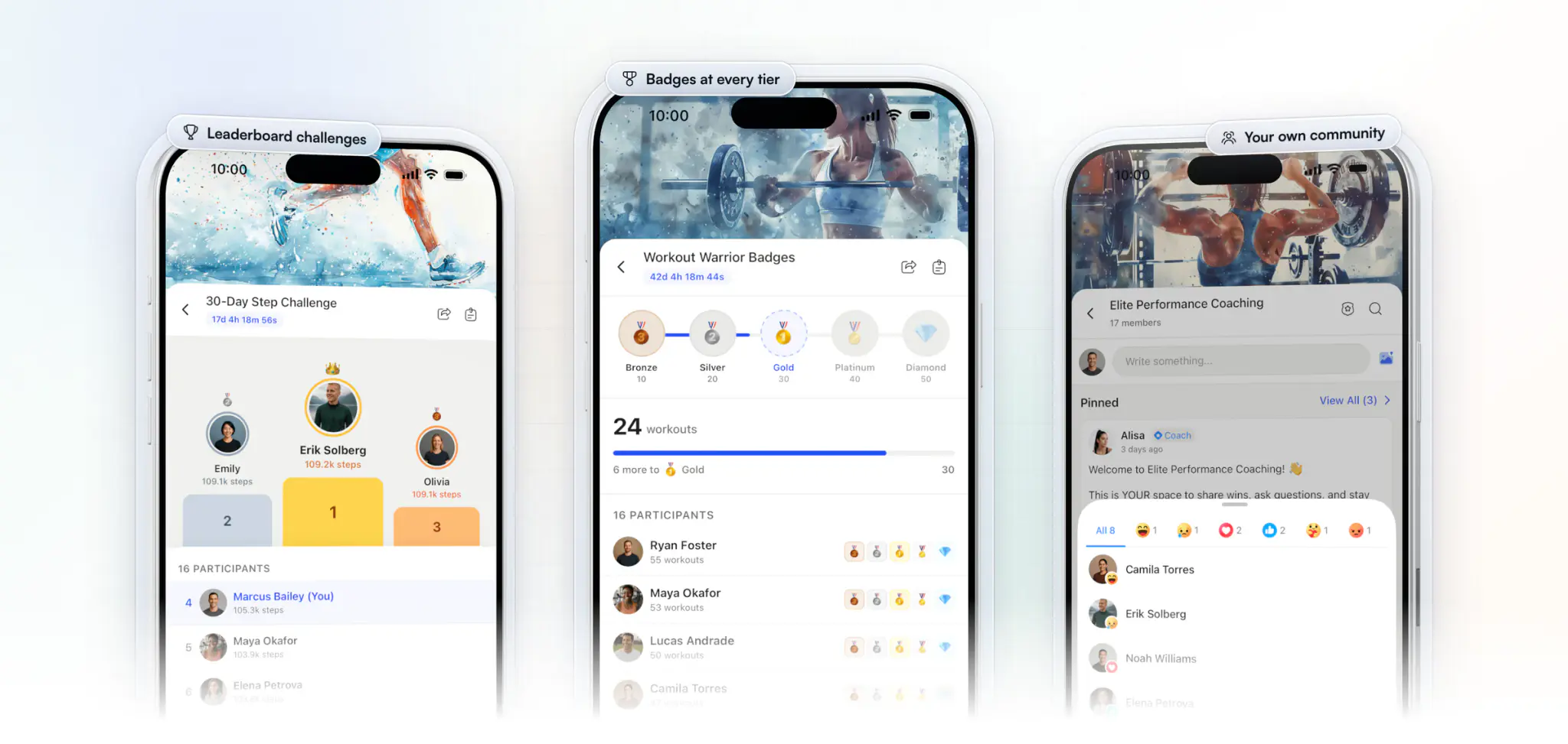 Three screens from the HubFit client app: a 30-day step challenge leaderboard with the top three on a podium, a Workout Warrior badge challenge with bronze to diamond tiers, and a community post's reactions