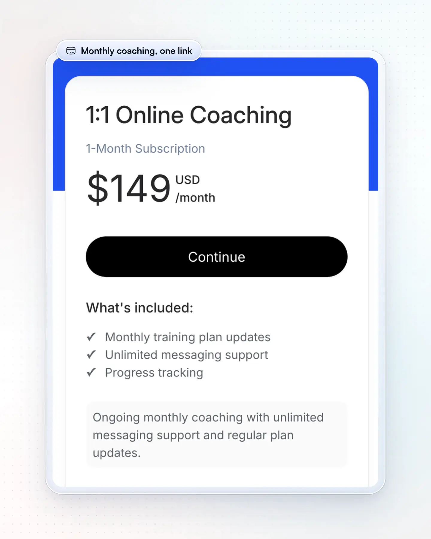A HubFit coaching plan page: a 1:1 Online Coaching monthly subscription with its price, a Continue button and what's included, such as monthly training plan updates and unlimited messaging