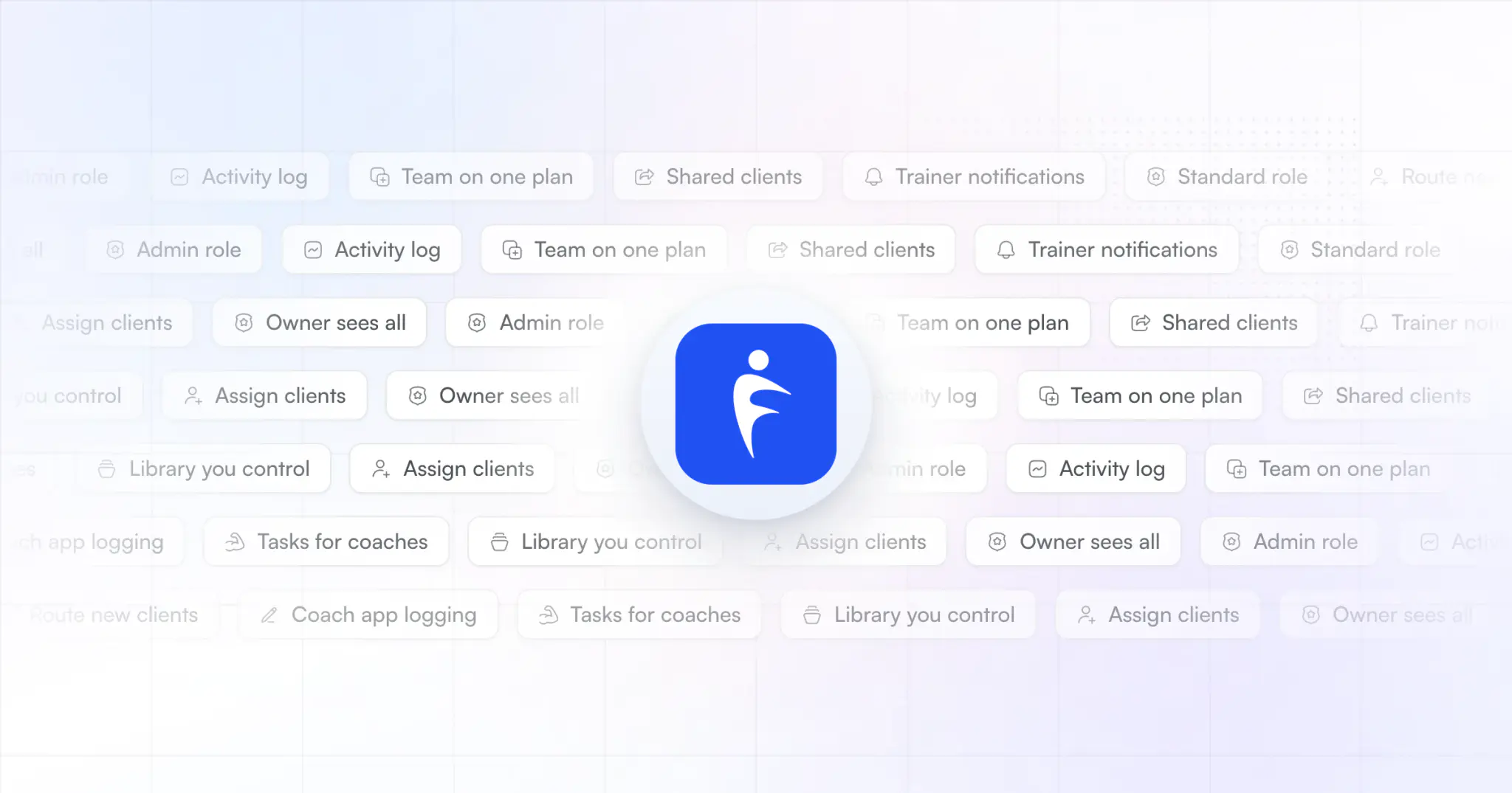 Rows of team management tools as soft tags, such as admin and standard roles, assigning clients, tasks for coaches and an activity log, around the HubFit app icon