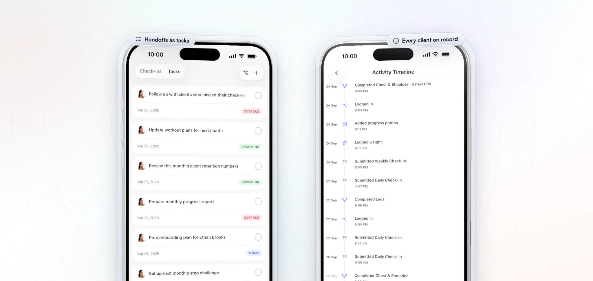 The HubFit coach app on two iPhones: the task list with handoffs such as follow up with clients who missed their check-in and update workout plans for next month, each dated and marked overdue, today or upcoming, beside one client's activity timeline with a completed Chest and Shoulder workout and 6 new PRs, a weigh-in, progress photos and check-ins