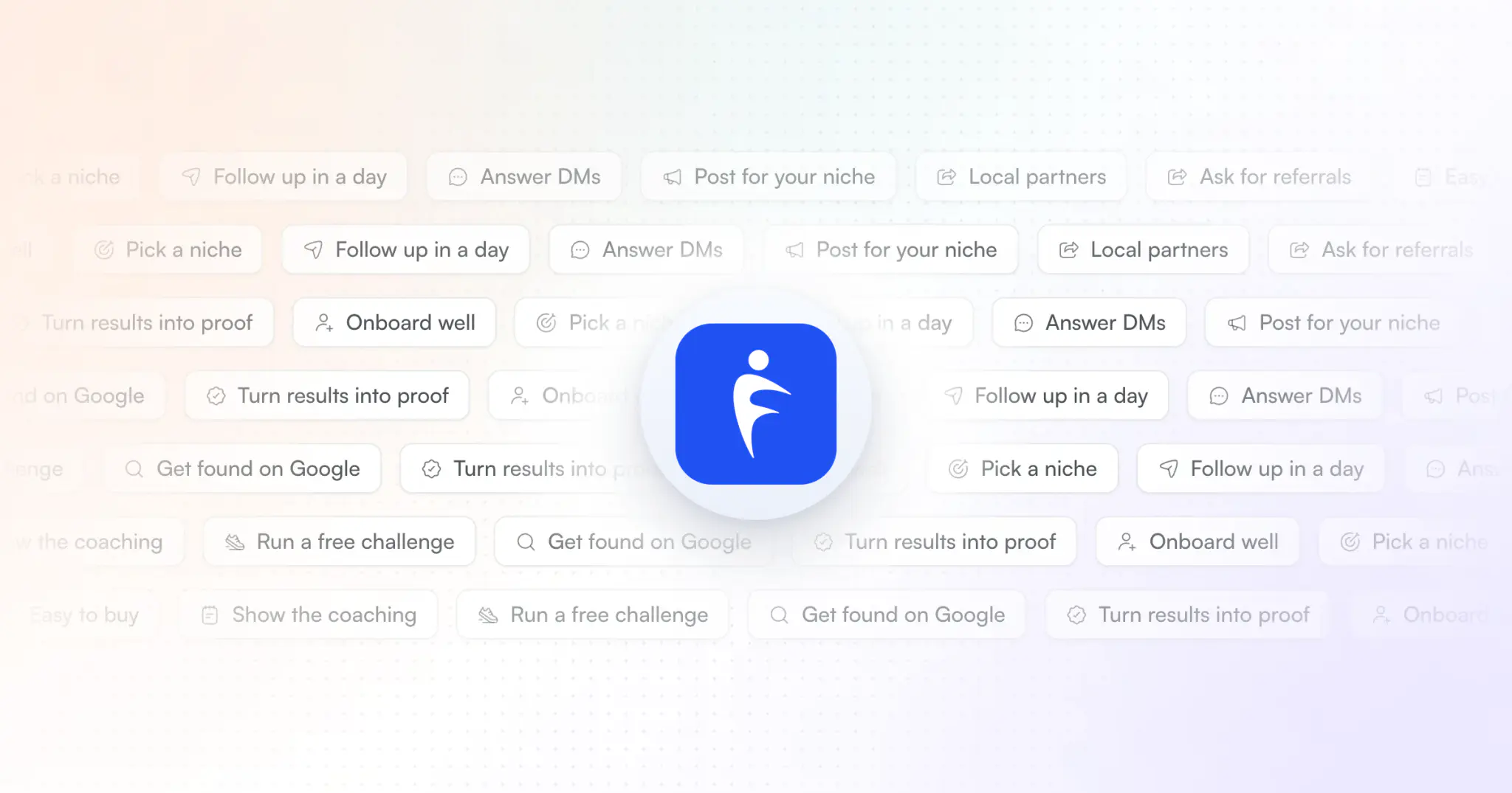 Rows of client-getting ideas as soft tags, such as pick a niche, ask for referrals and run a free challenge, around the HubFit app icon