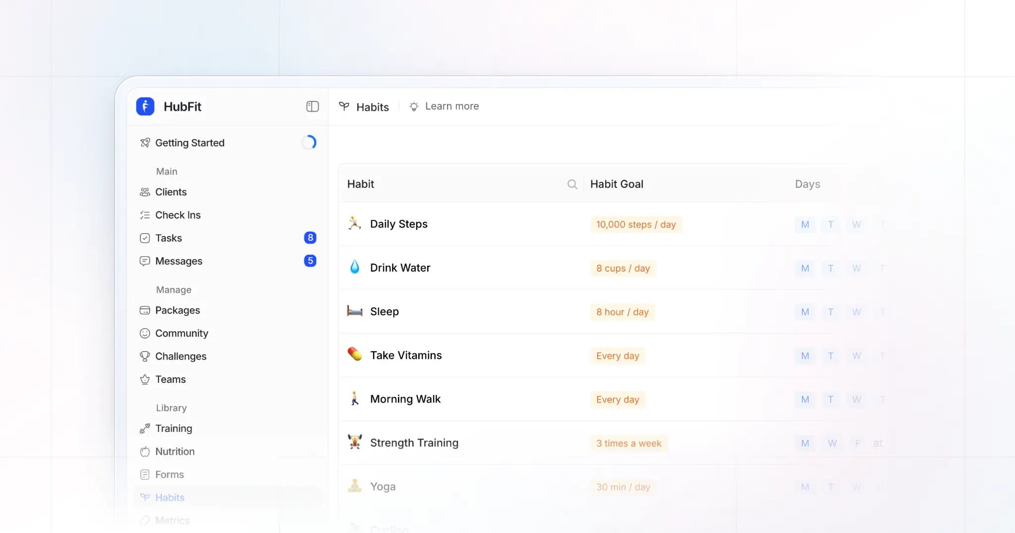 HubFit's habits page on the web, where a coach builds the habits clients track