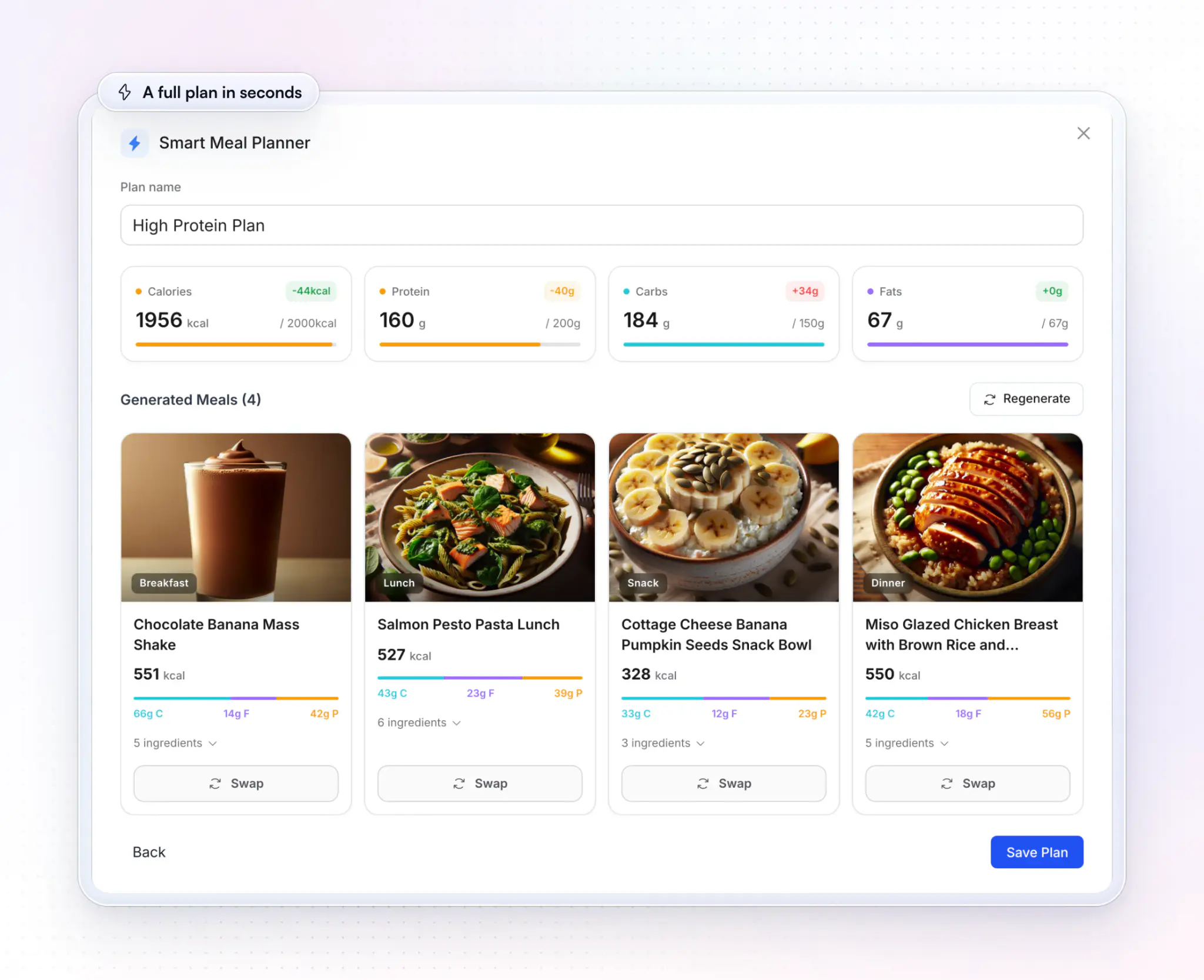 A plan made by HubFit's Smart Meal Planner on the web: a High Protein Plan of 1,956 kcal against a 2,000 kcal goal, and four generated meals with photos, from a chocolate banana shake to a miso glazed chicken breast with brown rice, each with its macros and a Swap button
