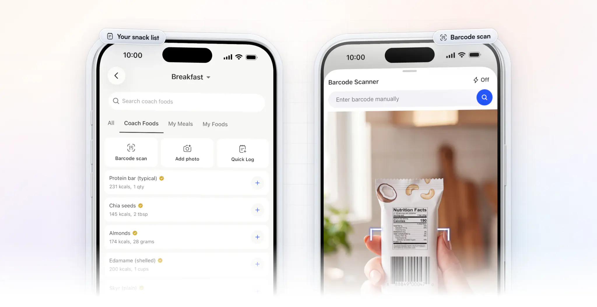 Two HubFit client app screens on iPhone: the Coach Foods tab listing a coach's snack foods such as a protein bar, chia seeds, almonds and edamame with their calories, beside the barcode scanner reading a protein bar's barcode