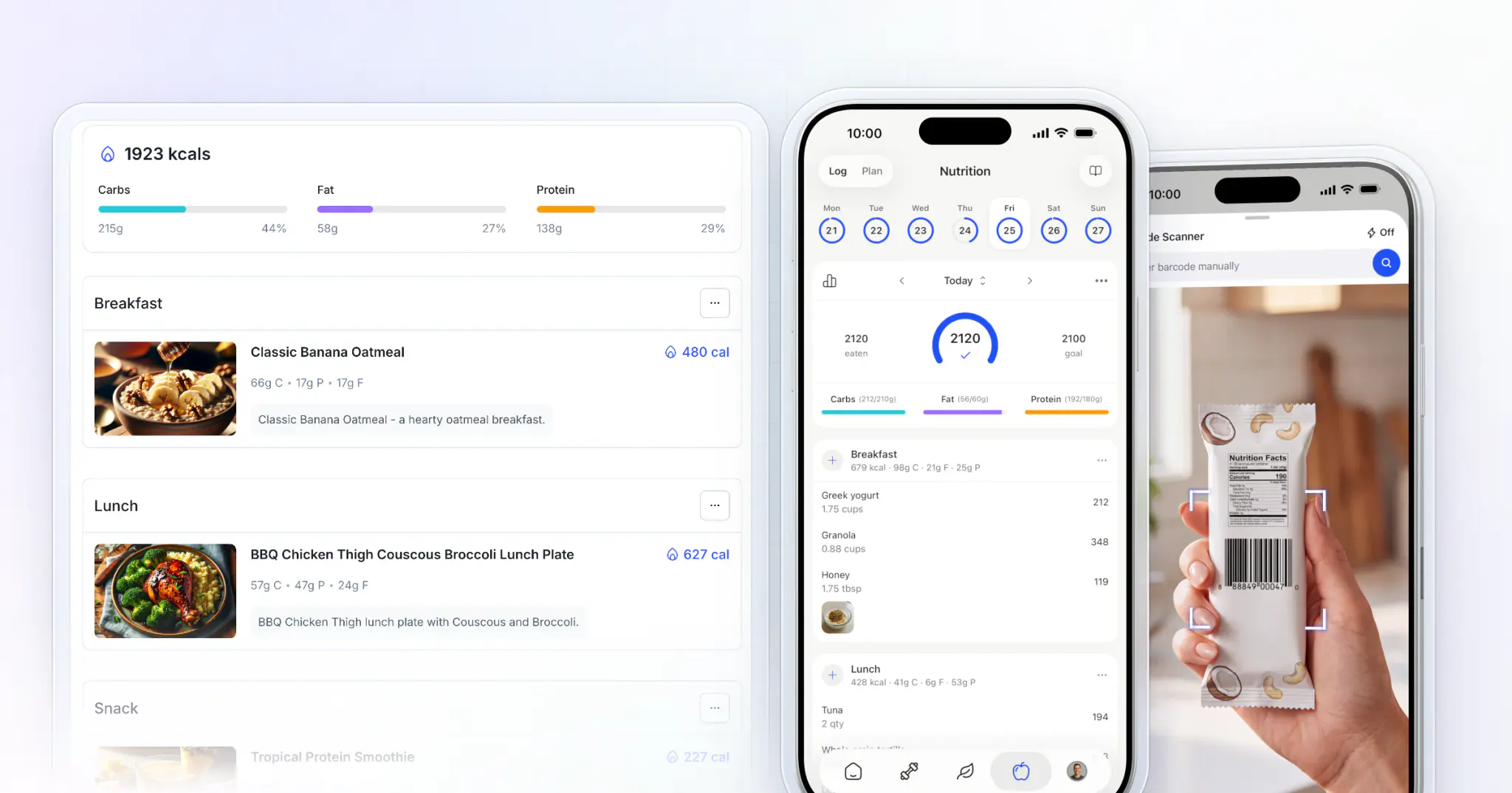 A Balanced meal plan in HubFit's meal plan builder on the web, 1,923 kcal split into carbs, fat and protein with breakfast and lunch, beside two iPhones: the client's nutrition log for the day and the barcode scanner reading a protein bar