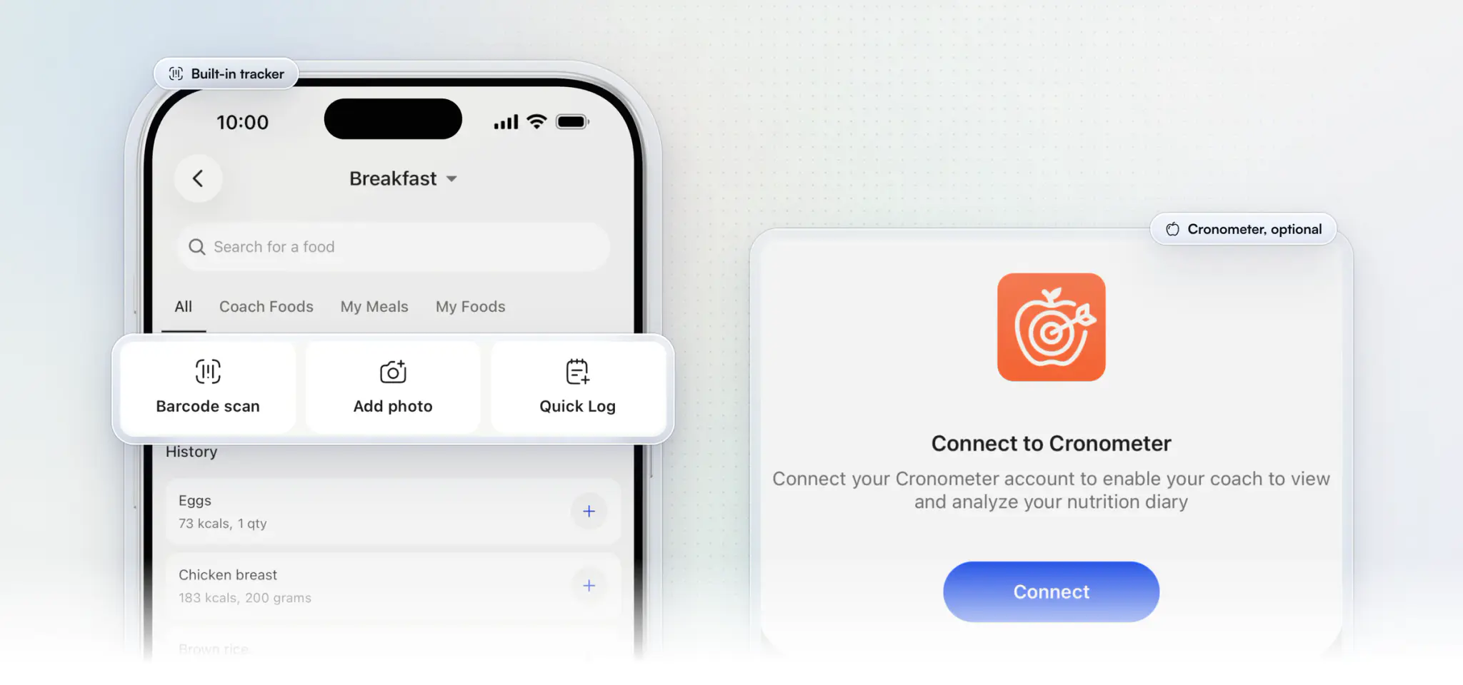 The client app's food search with Barcode scan, Add photo and Quick Log lifted out above the Coach Foods tab and the food history, beside the Connect to Cronometer sheet from the client's settings