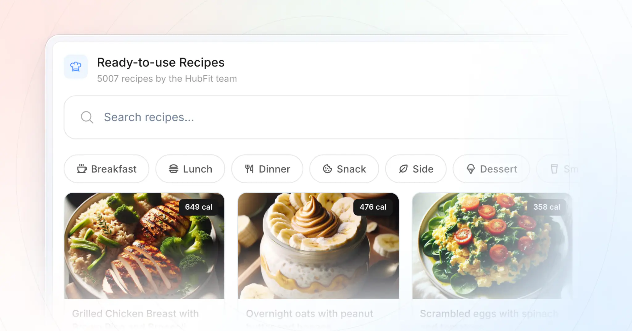 HubFit's ready-to-use recipes: meals with their calories and macros a coach can add to a plan