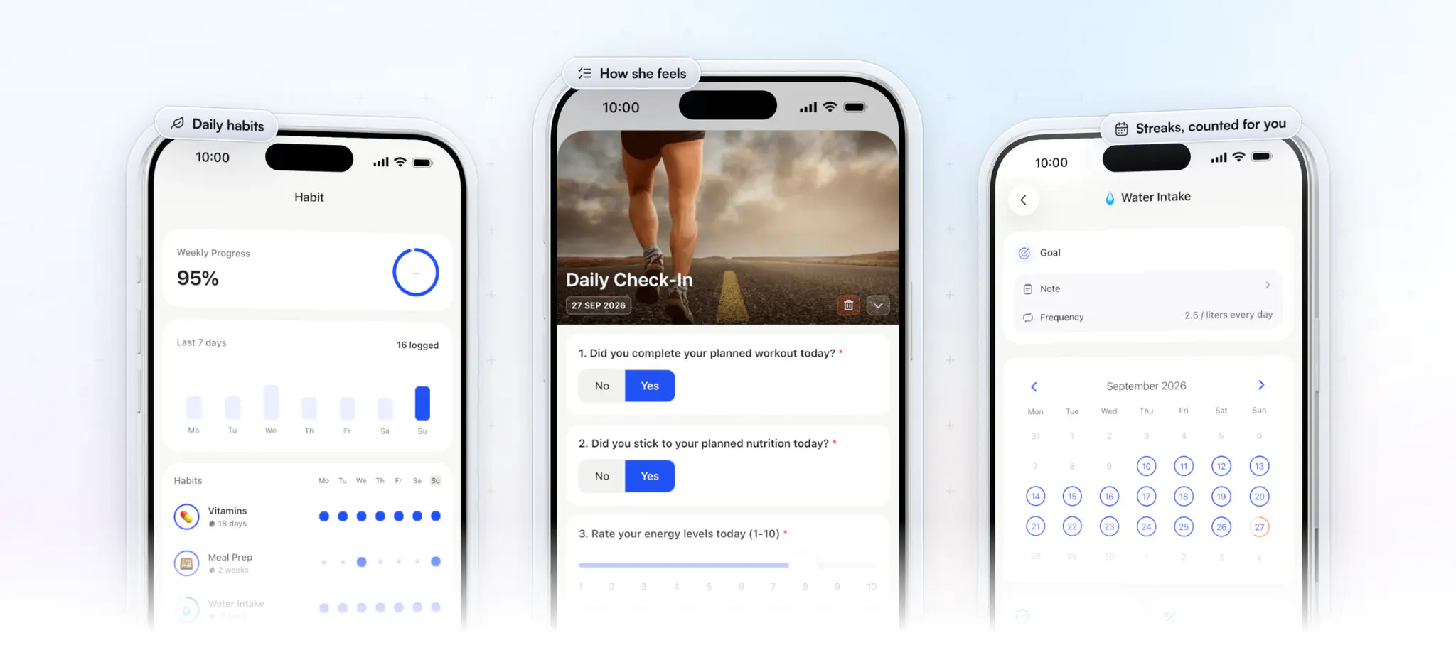 Three HubFit client app screens on iPhone: daily habits for vitamins, meal prep and water intake with their streaks, a daily check-in answered with yes to sticking to planned nutrition and an energy slider, and the water intake habit's September calendar with every day circled