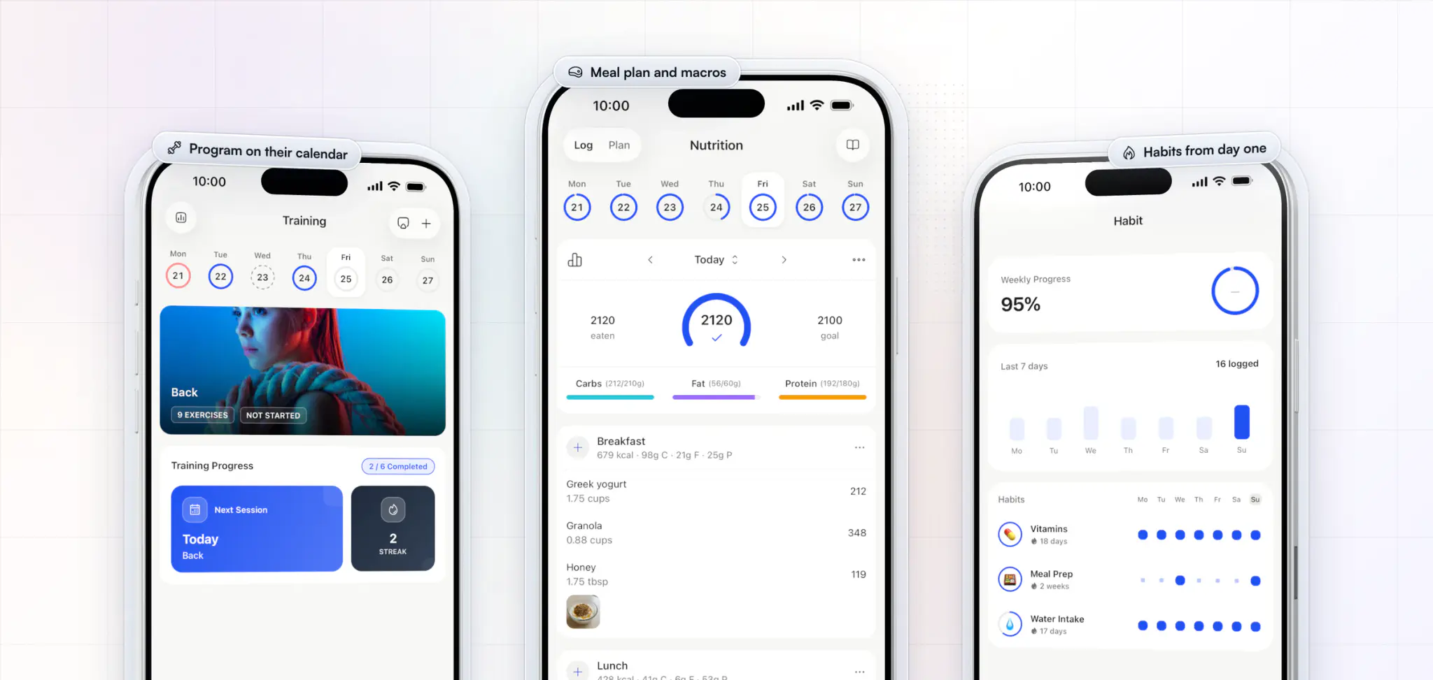 What one onboarding flow puts in a new client's HubFit app on day one: their training week with the Back workout up next, their nutrition log against the calorie and macro targets, and their daily habits with streaks
