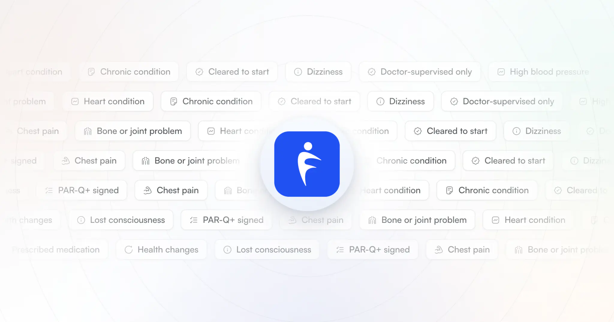 The PAR-Q+ screening topics as tags around the HubFit app icon: heart condition, blood pressure, chest pain, dizziness, chronic conditions, medication, bone or joint problems and doctor-supervised activity