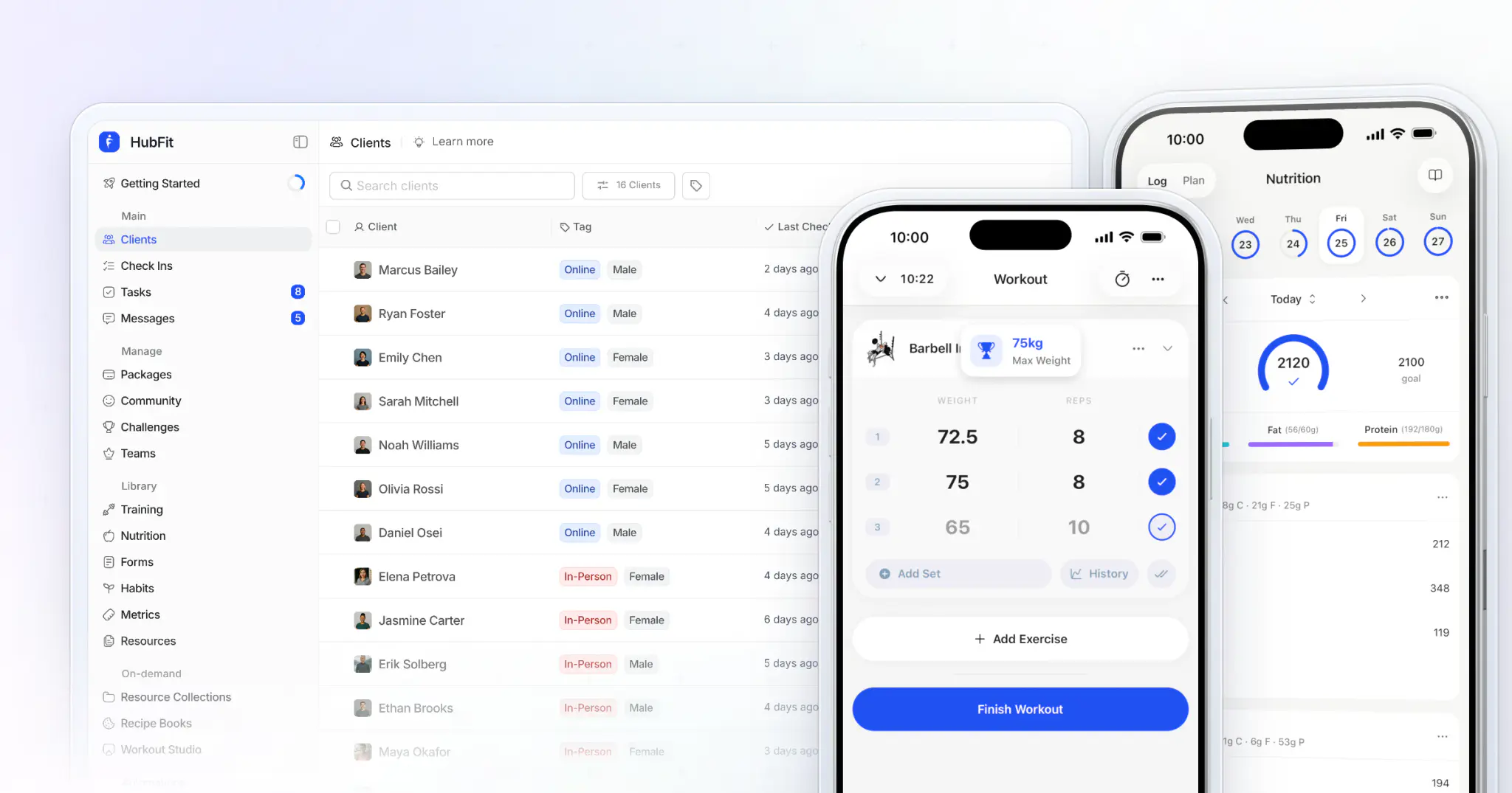 HubFit's client list on the web, every client with their tags, beside two iPhones with the client app: a new personal record logged mid-workout and today's nutrition log with calories and macros against the goal