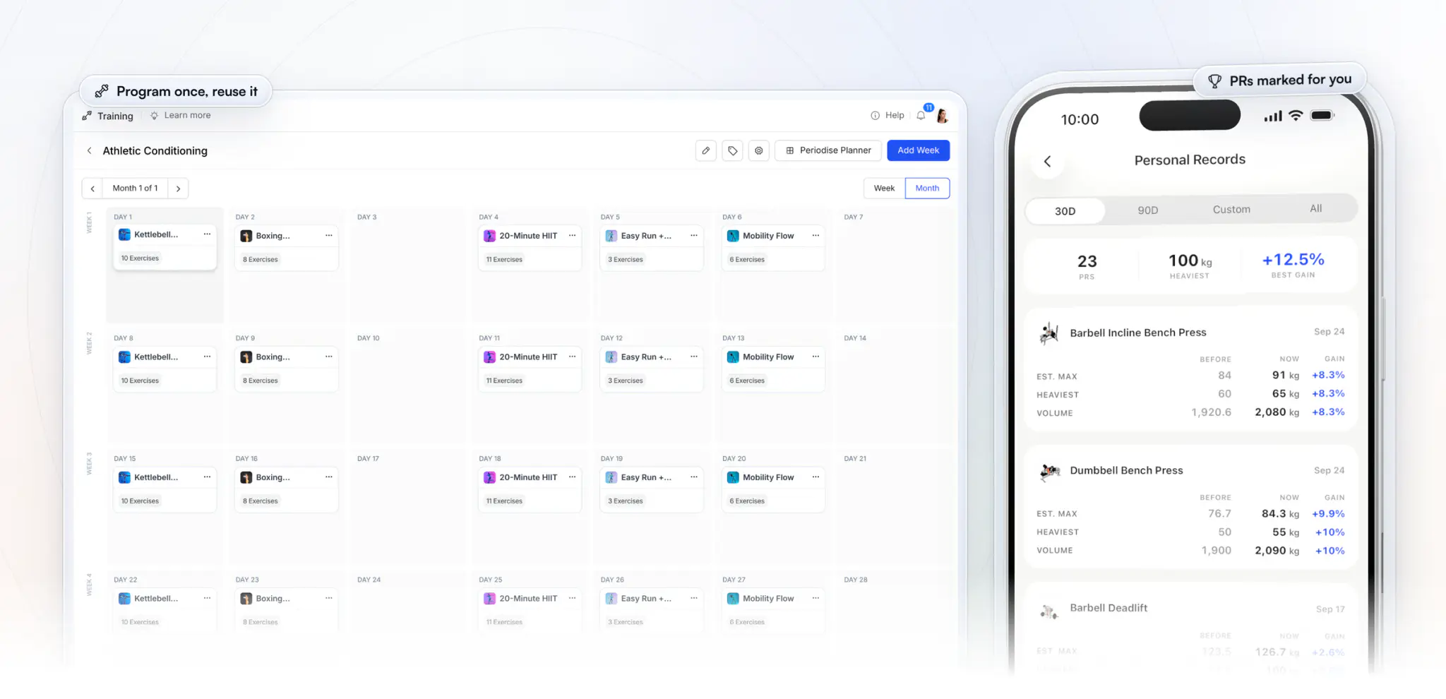Training in HubFit: a 4-week Athletic Conditioning program on the coach's web calendar, a workout on each training day, next to the client's Personal Records in the app with 23 PRs in 30 days and each lift's before, now and gain