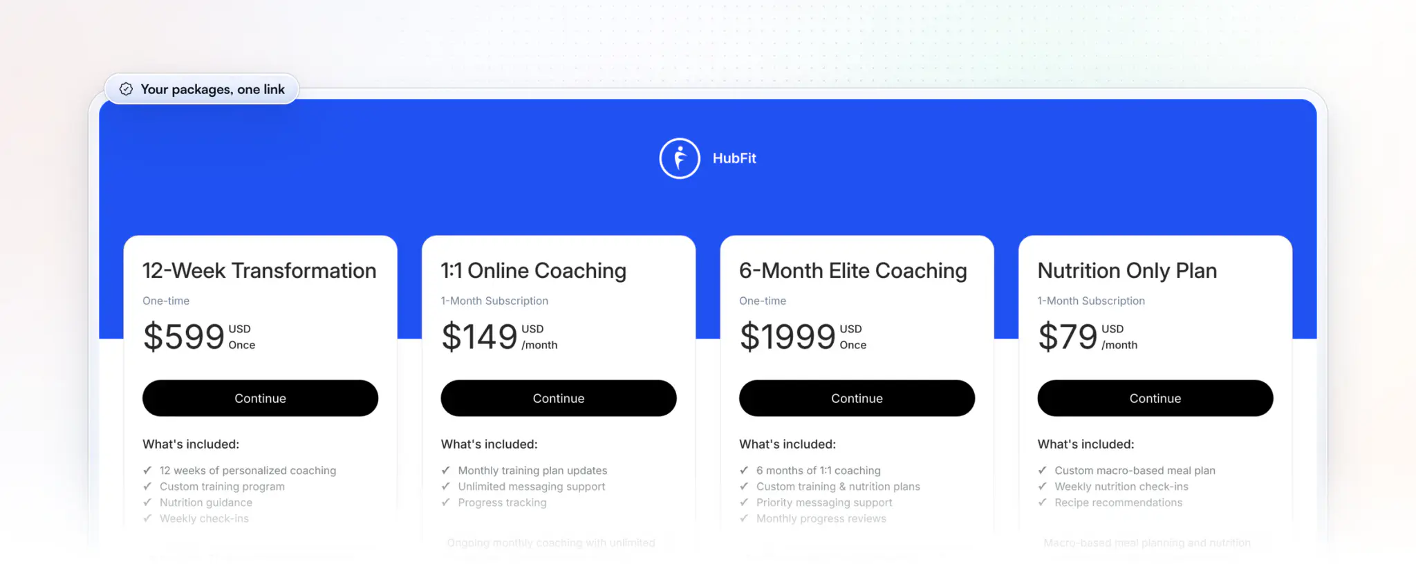 A trainer's own plans page as clients see it: four coaching packages side by side, a 12-week transformation, 1:1 online coaching, 6-month elite coaching and a nutrition-only plan, each with its price, a Continue button to checkout and what's included