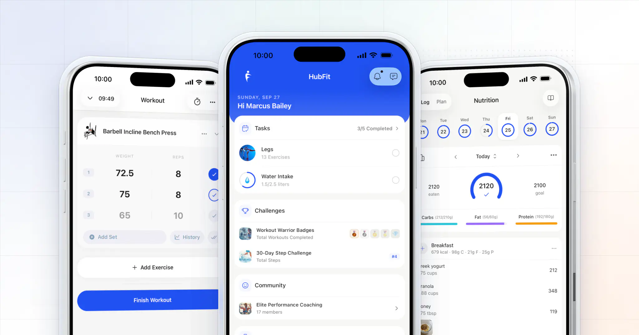 Three HubFit client app screens: a workout being logged, the home dashboard with today's tasks and the nutrition log