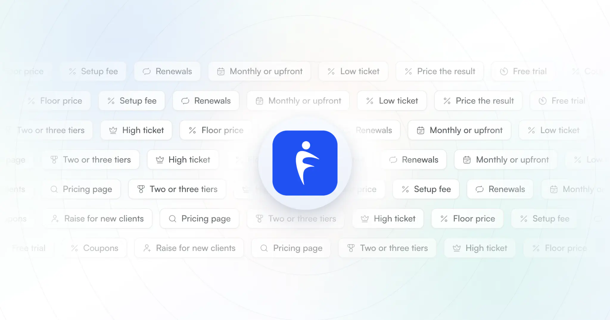 Rows of pricing ideas as soft tags, such as floor price, two or three tiers, setup fee and renewals, around the HubFit app icon