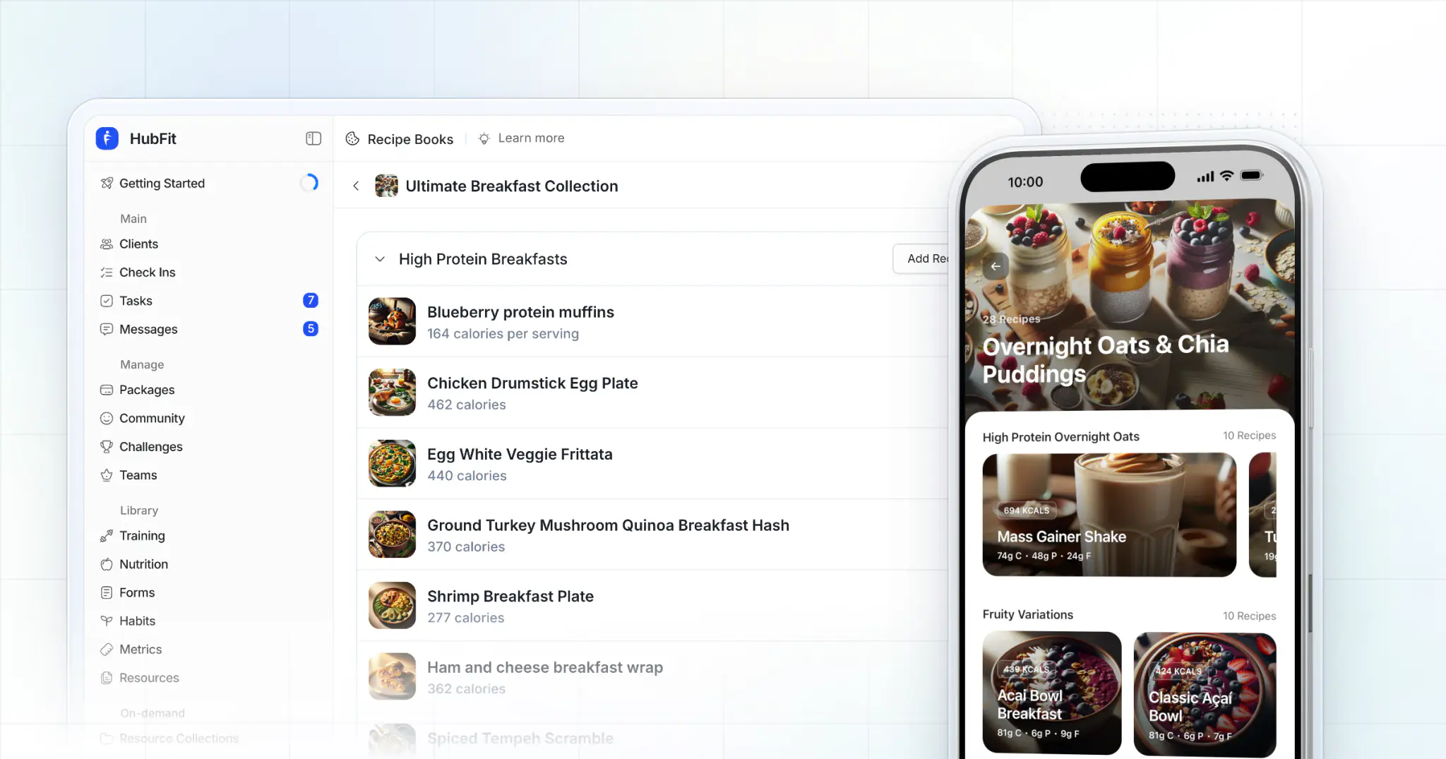 A recipe book in HubFit on the web beside an iPhone showing a recipe book open in the client app, with sections and food photos