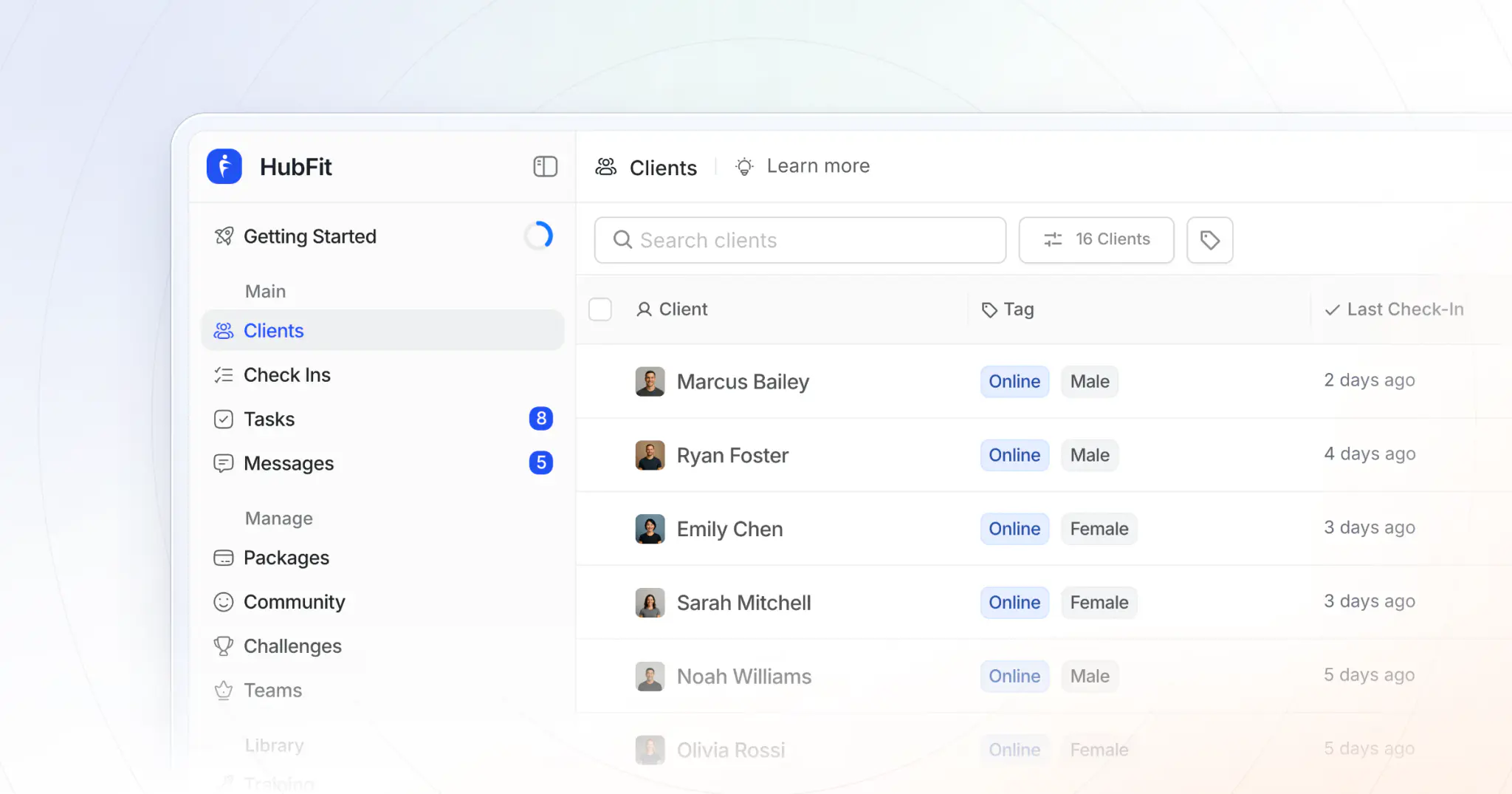 A coach's client list in HubFit on the web, with each client's status and last check-in
