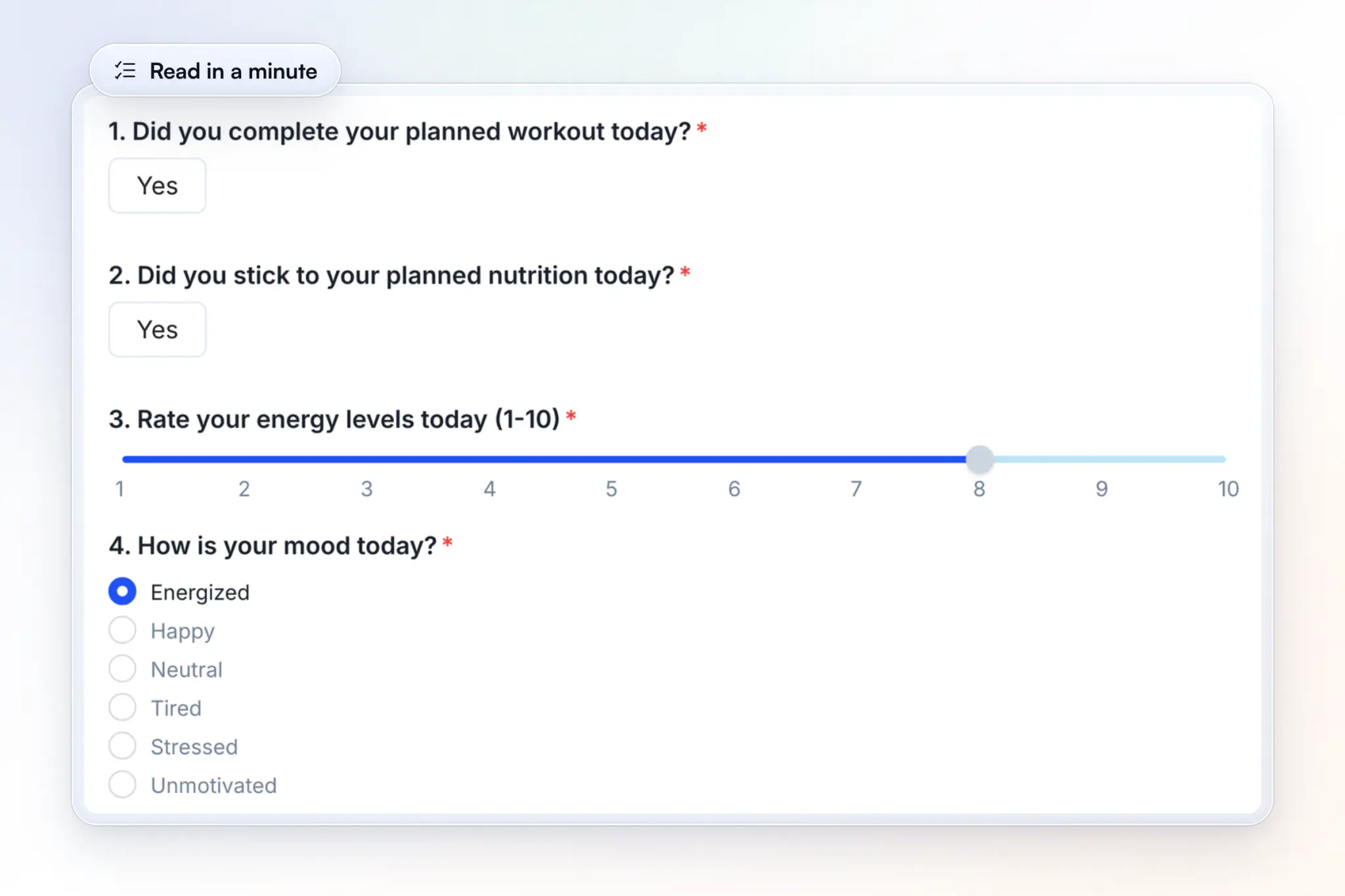 HubFit's Compare Check-Ins window on the web, showing a client's daily check-in: Yes for the planned workout and the planned nutrition, energy at 8 on a 1 to 10 slider and mood set to Energized