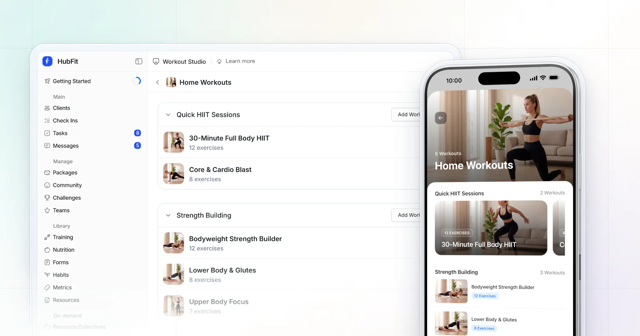 A workout studio in HubFit on the web beside an iPhone showing the same on-demand workouts in the client app