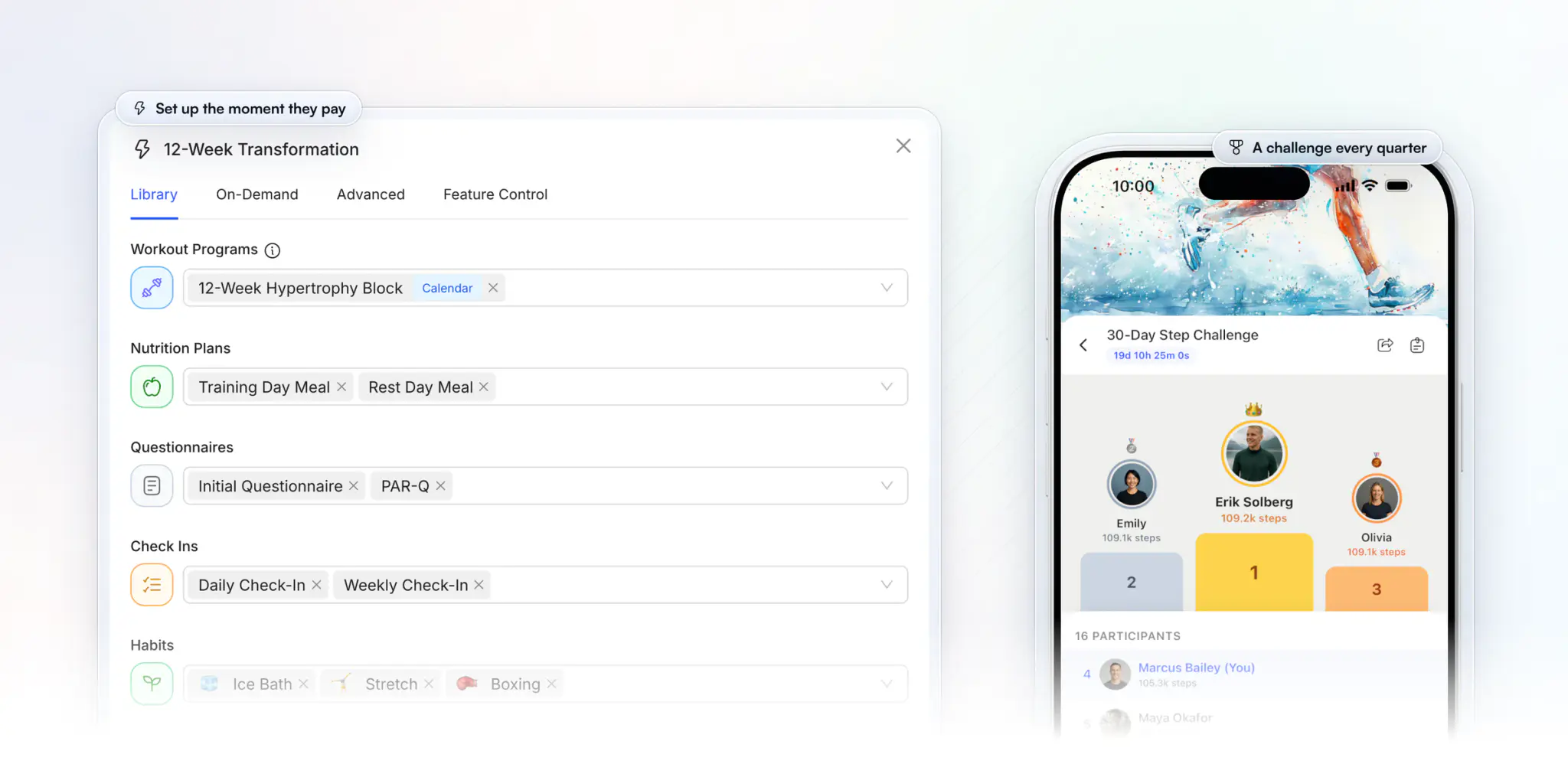 The onboarding flow for a 12-Week Transformation package in HubFit on the web, set to give every buyer the 12-Week Hypertrophy Block, training-day and rest-day meal plans, questionnaires, daily and weekly check-ins and habits, beside a client's phone showing the podium of a 30-Day Step Challenge