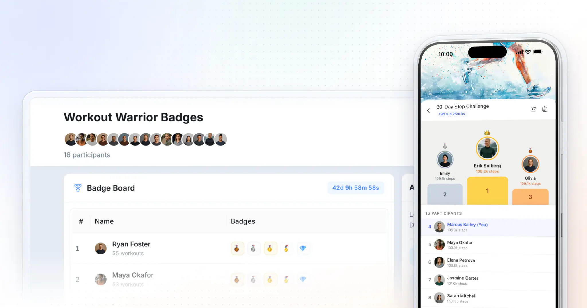 A milestone challenge in HubFit on the web, Workout Warrior Badges with its badge board, beside an iPhone with a 30-Day Step Challenge leaderboard in the client app