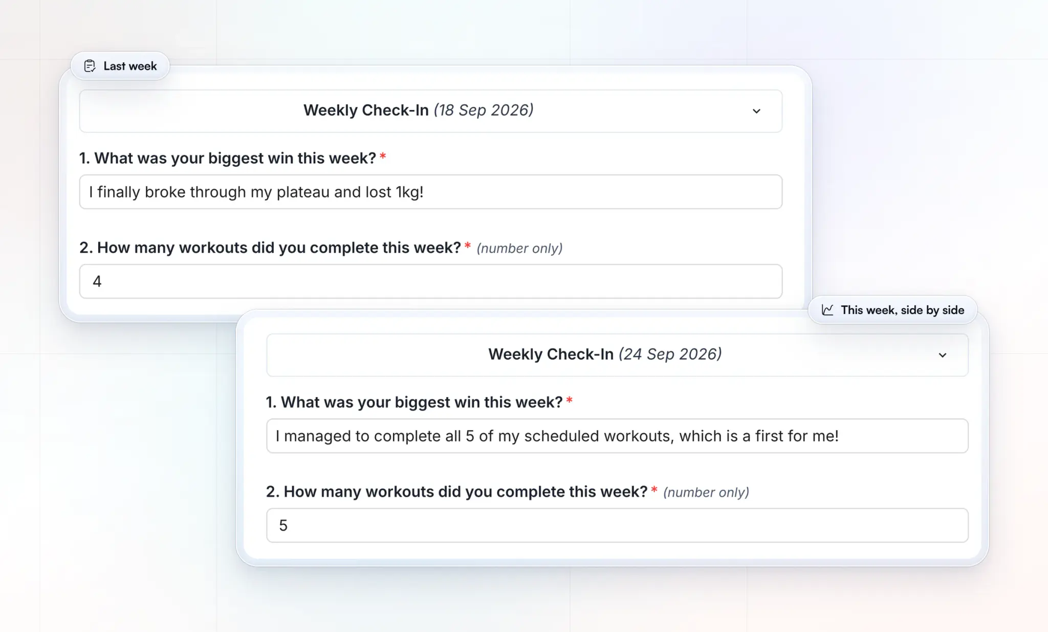 HubFit's Compare Check-Ins view: the same client's weekly check-ins from 18 and 24 September, one above the other, with their biggest win and workouts completed, 4 one week and 5 the next