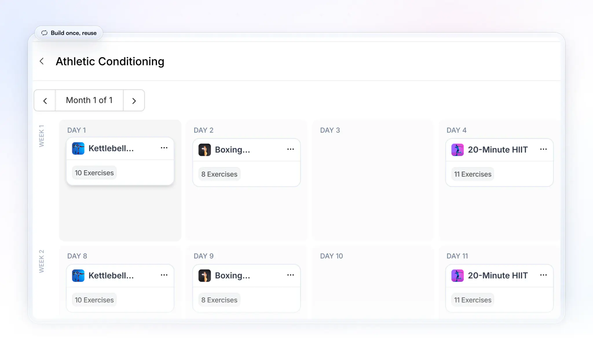 HubFit's program builder on the web: the Athletic Conditioning program laid out by day, with the same Kettlebell, Boxing and 20-Minute HIIT workouts placed again in week two