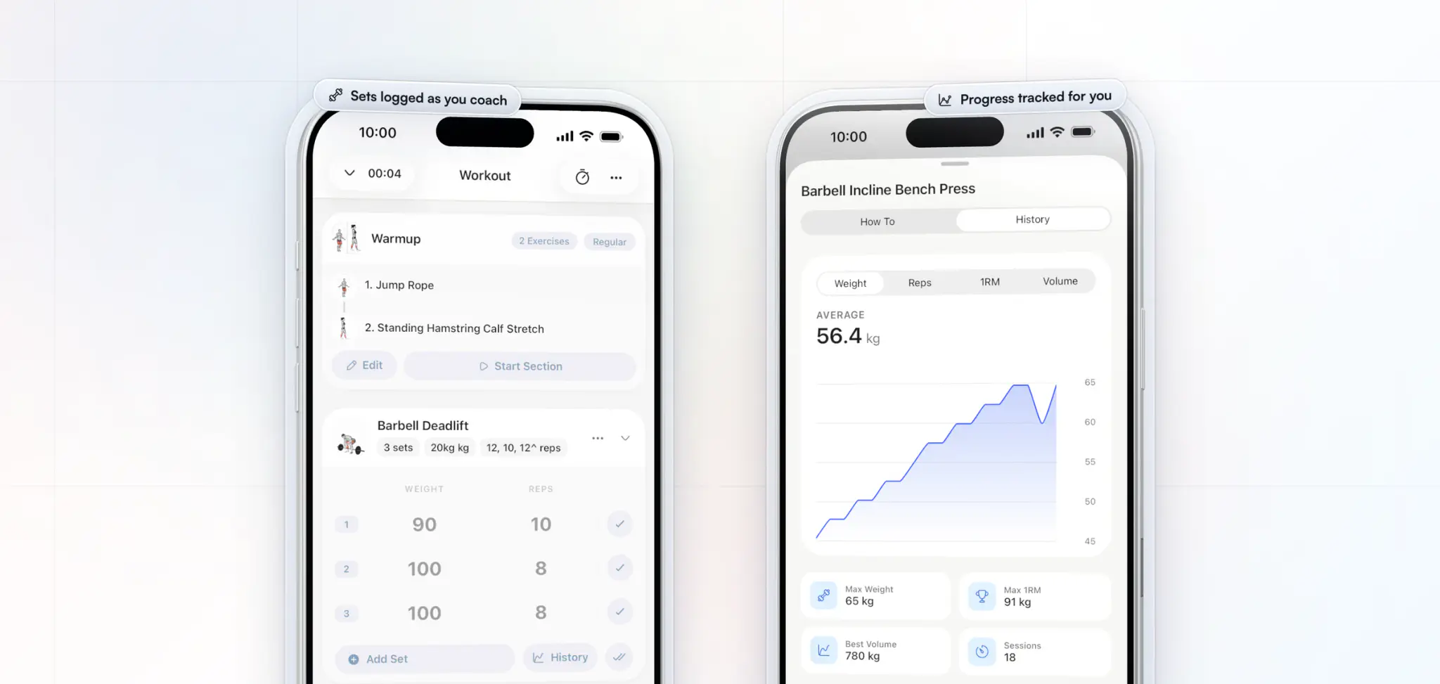 A session logged in HubFit on two iPhones: a workout in progress with the Barbell Deadlift sets of 90 and 100 kg ready to tick off, beside the Barbell Incline Bench Press history chart climbing session by session