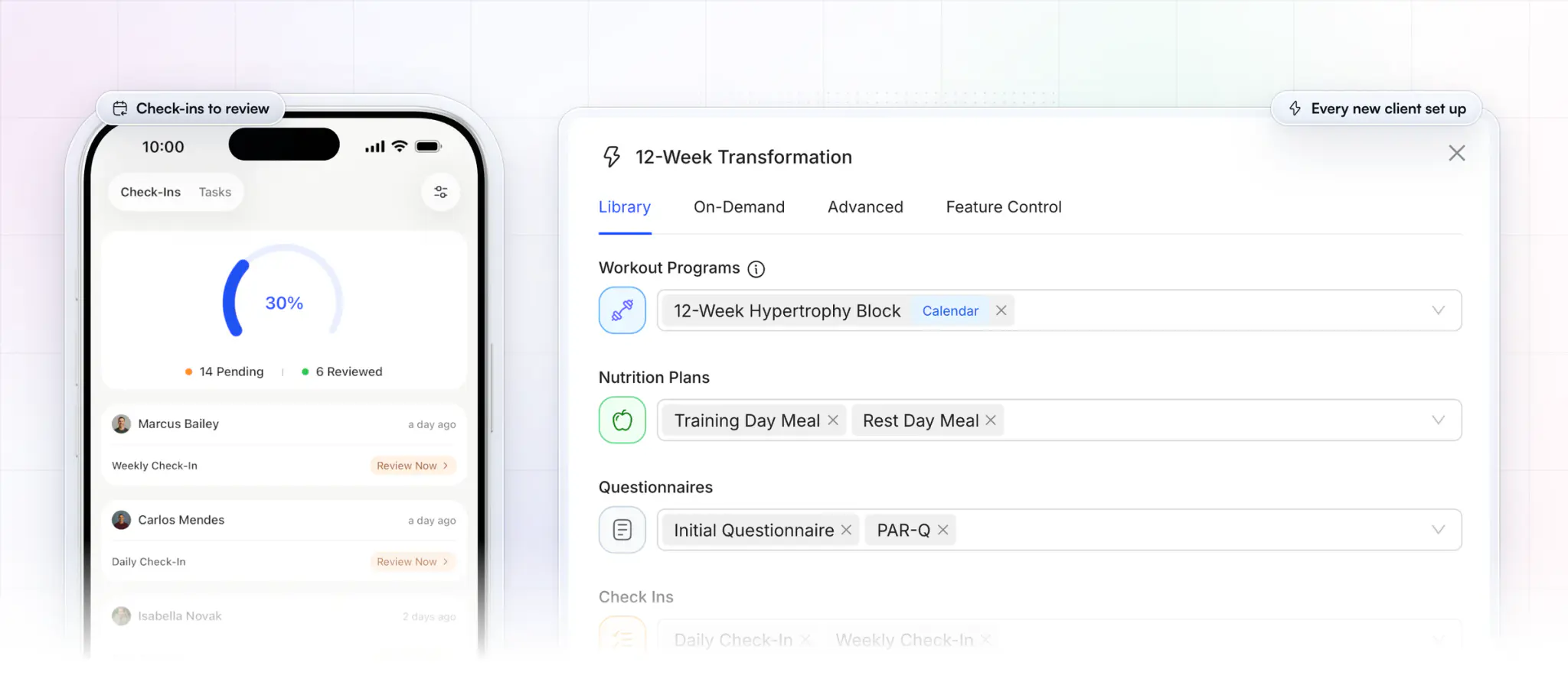 The coach's side of HubFit: the check-ins inbox in the coach app with 14 pending and 6 reviewed, beside a 12-Week Transformation onboarding flow on the web that gives each new client a workout program, training and rest day meal plans, questionnaires, daily and weekly check-ins and habits