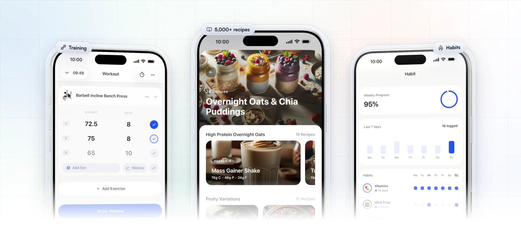 Three iPhones in the HubFit client app: a Barbell Incline Bench Press logged set by set, a recipe book of overnight oats with photos and macros, and the client's daily habits with 95% weekly progress