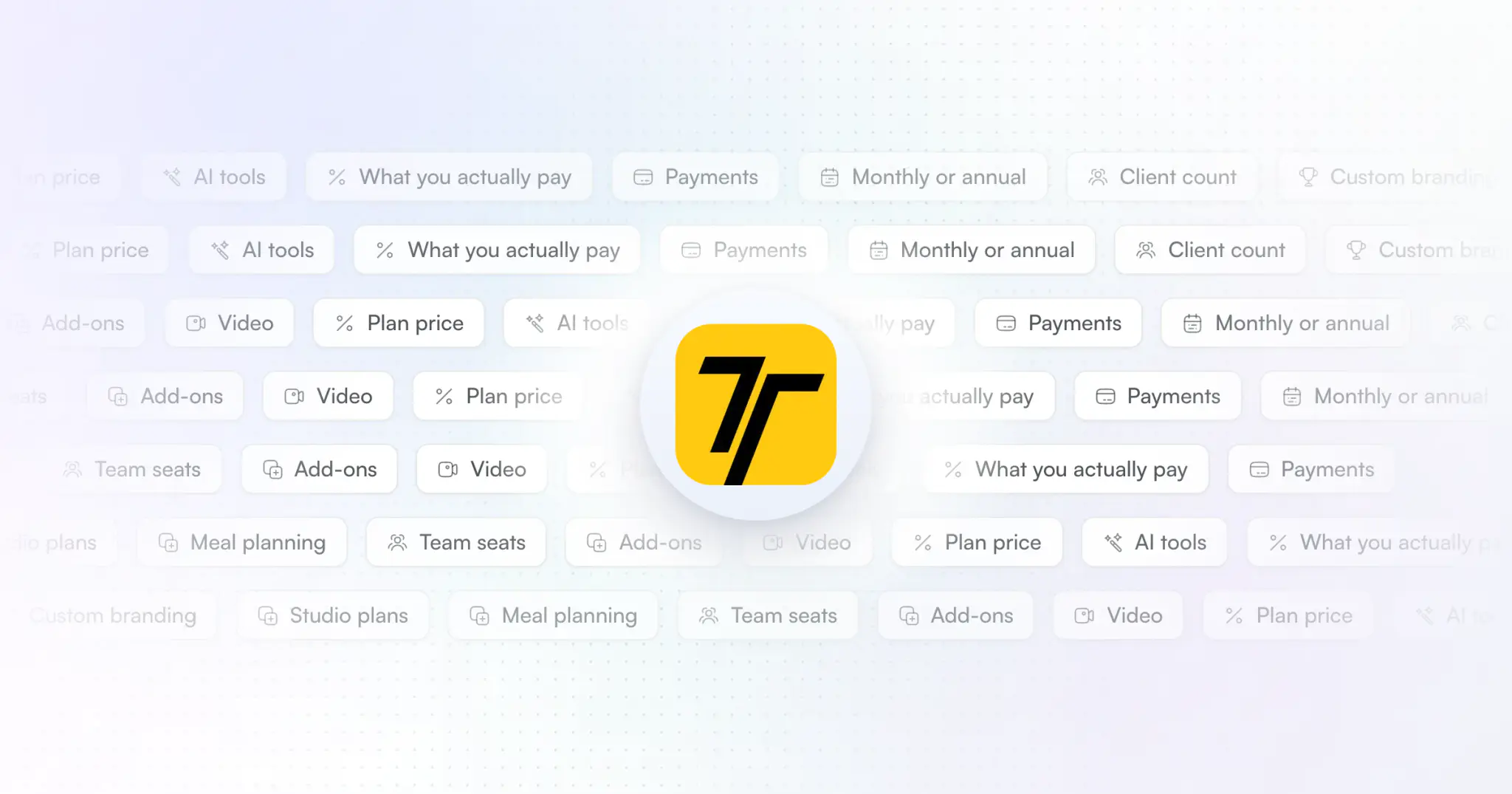 Rows of pricing questions as soft tags, such as plan price, client count, add-ons and what you actually pay, around the Trainerize app icon